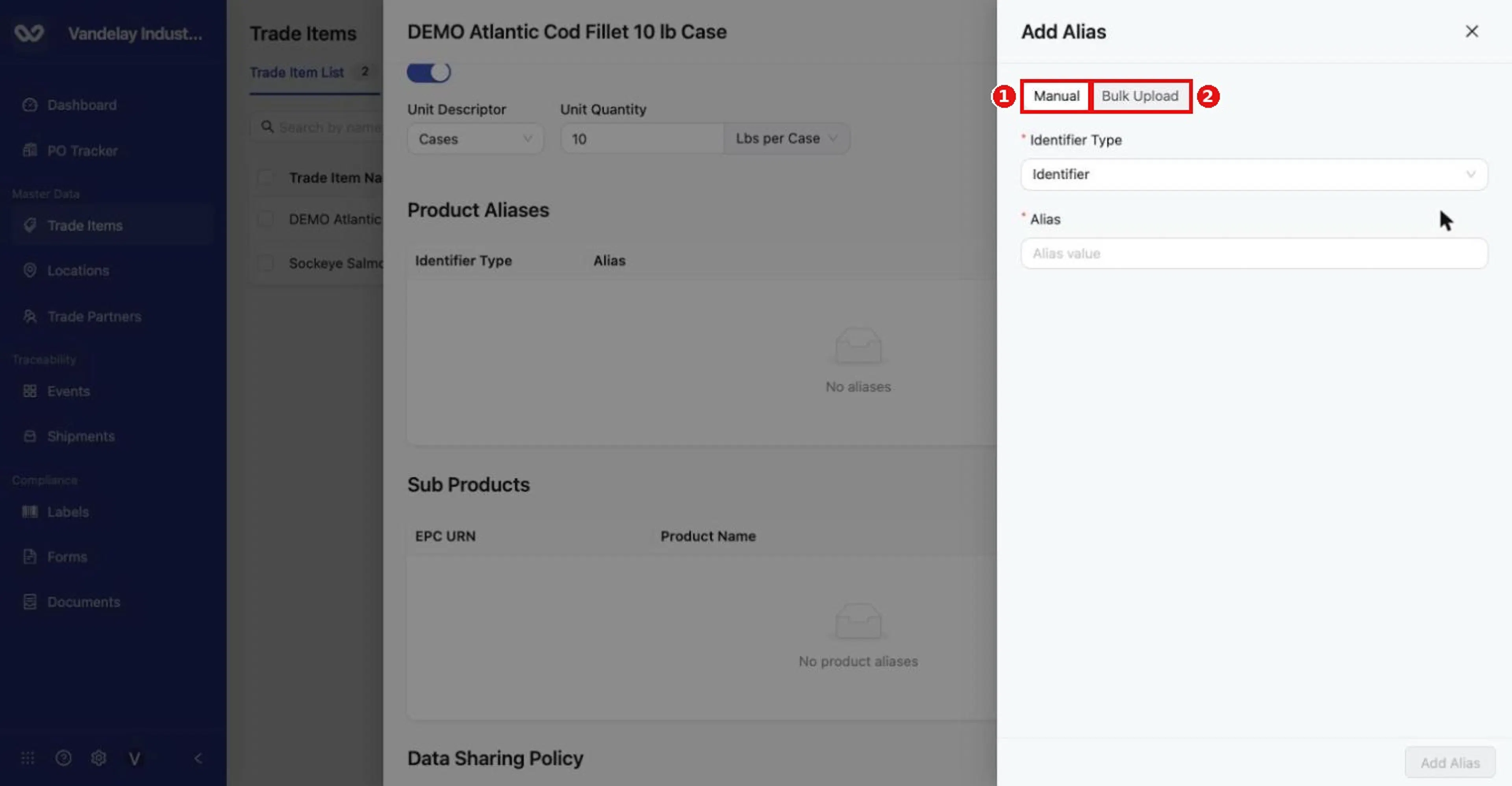 Add Alias panel, Manual tab. Bulk Upload is the second tab.