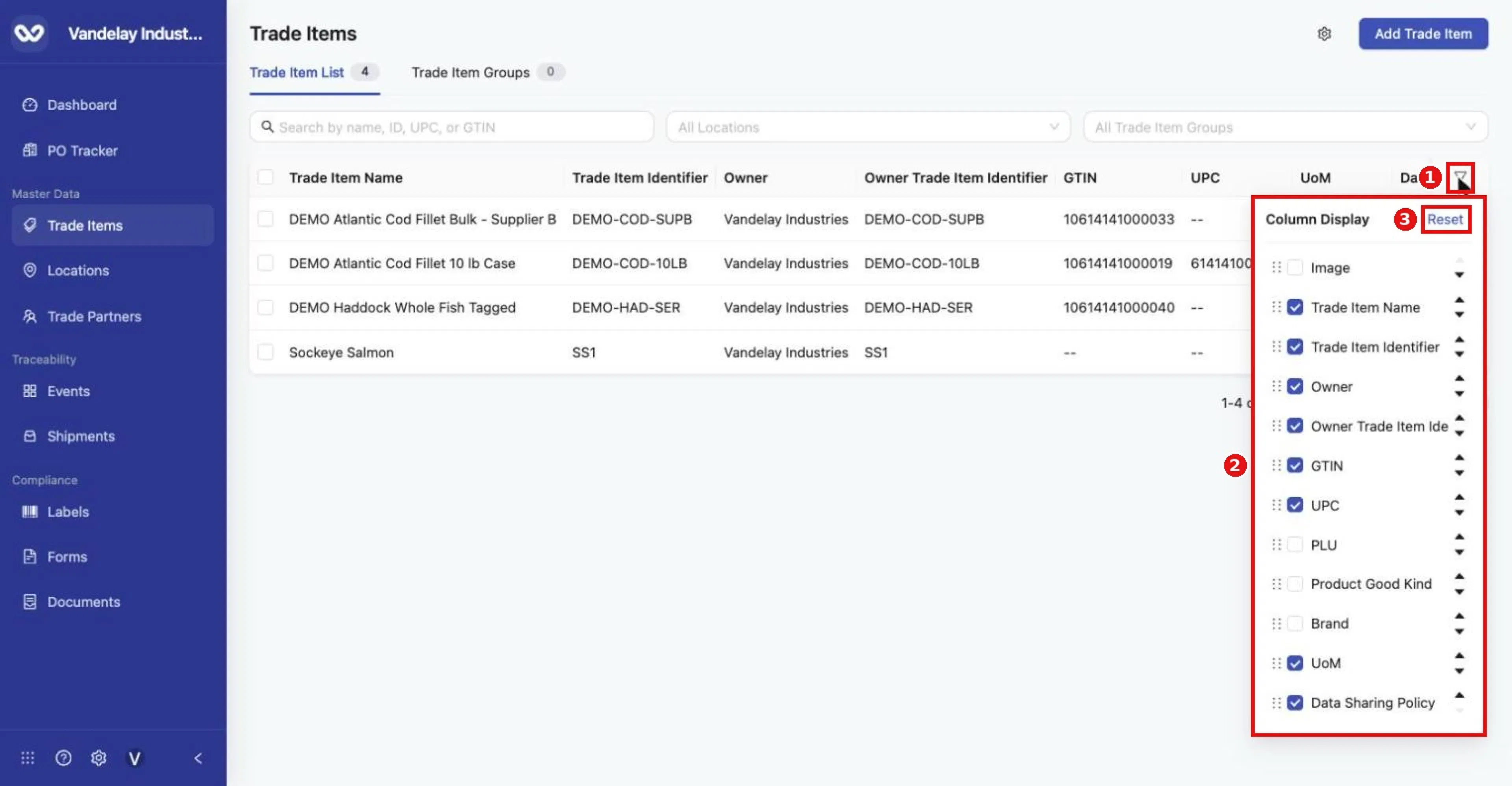 The funnel icon at the right of the table header opens Column Display: tick or untick columns, drag the handle or use the arrows to reorder, and Reset to restore defaults.
