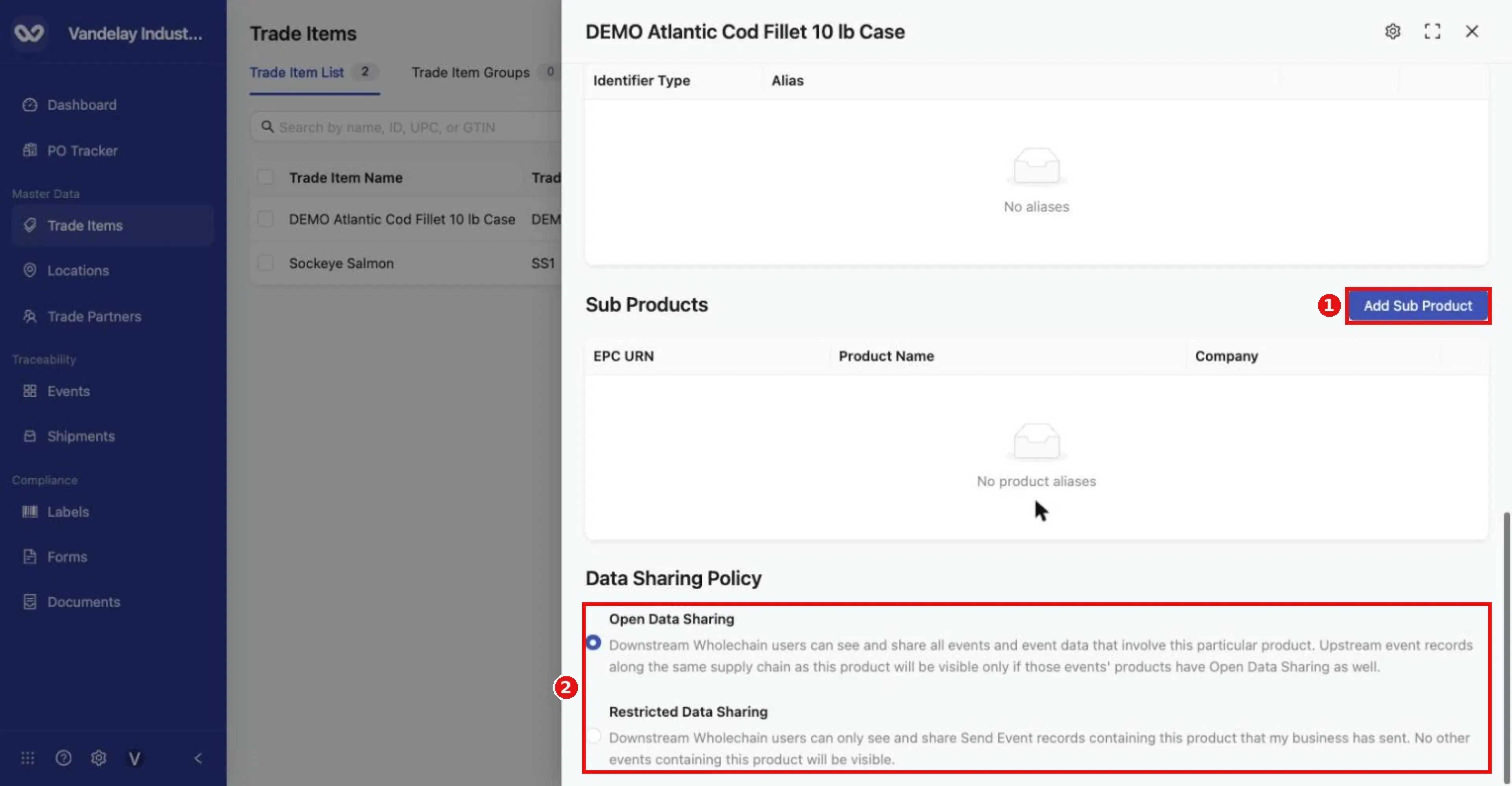 Sub Products table with Add Sub Product, and the Data Sharing Policy choices (Open Data Sharing is selected by default).