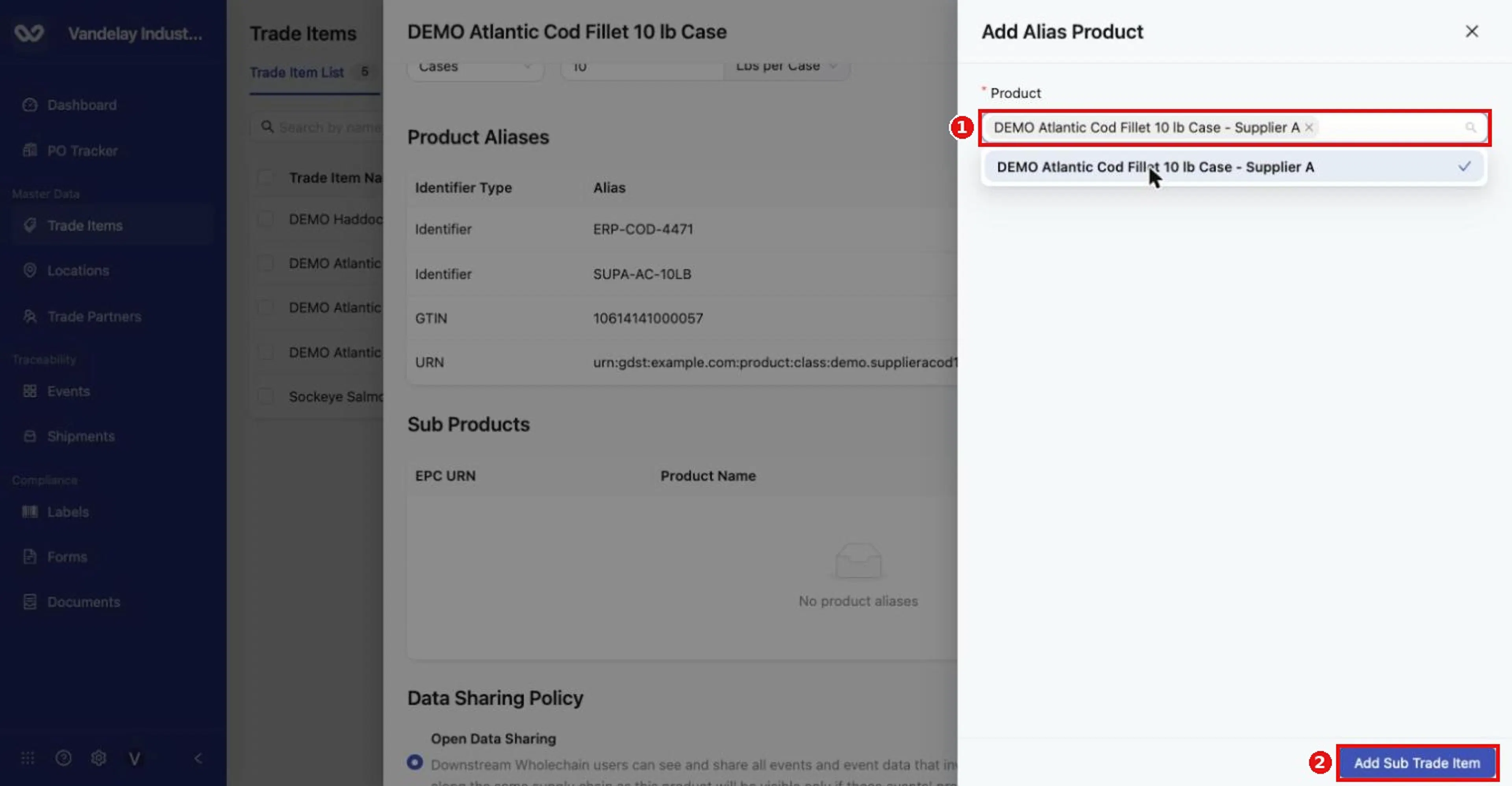 Select the item, then click Add Sub Trade Item.