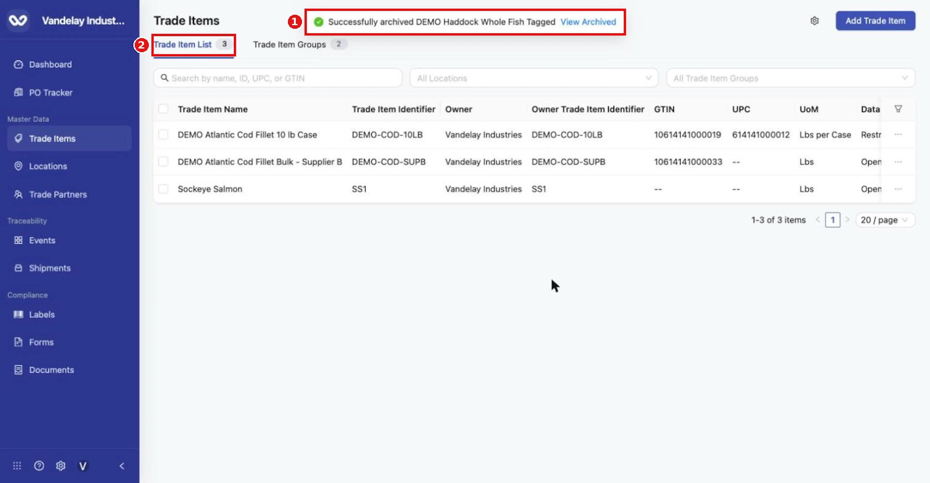 'Successfully archived…' with a View Archived link. The item leaves the active list (count 4 to 3).