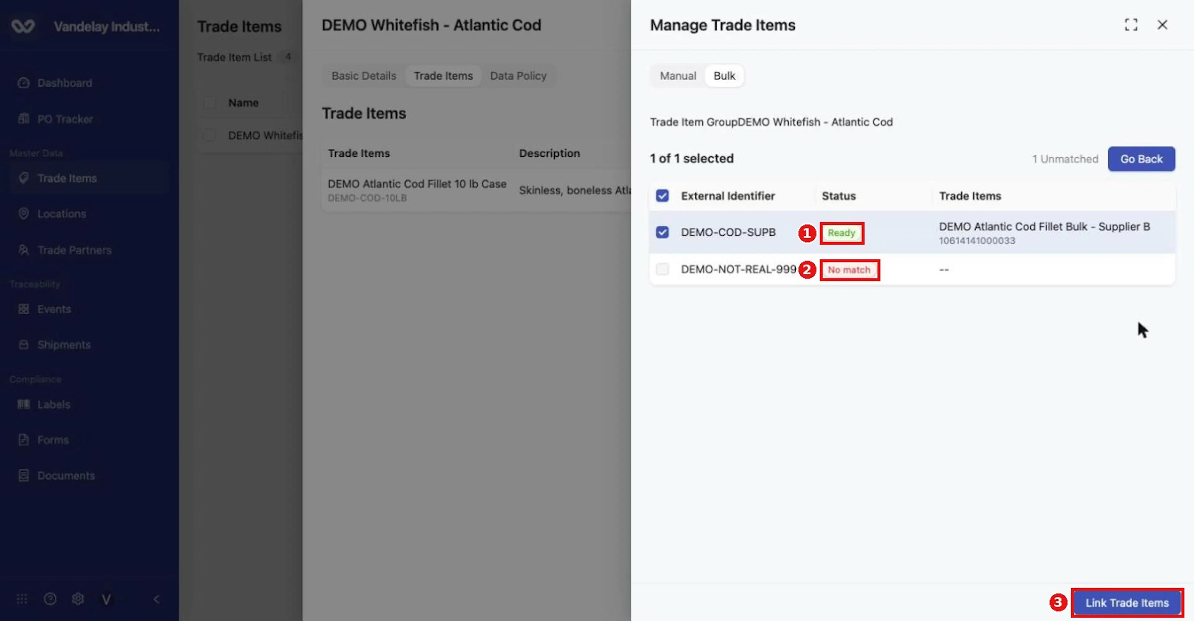 Review: matched values show 'Ready' (selected), unmatched ones show 'No match' and are counted as Unmatched. Use Go Back to edit, or Link Trade Items to continue.