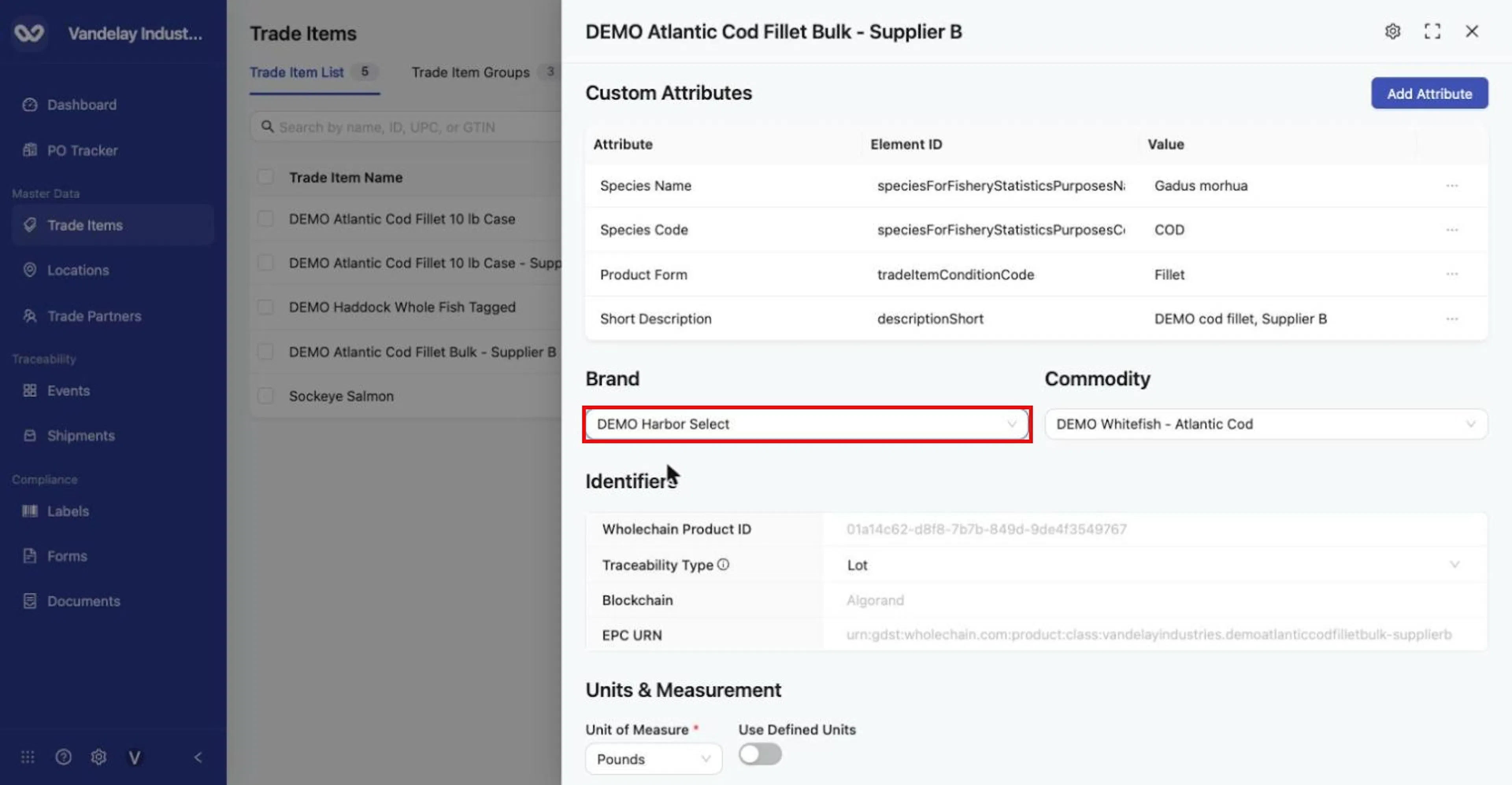 Brand set to DEMO Harbor Select. The change saves when you click elsewhere ('Successfully saved…').