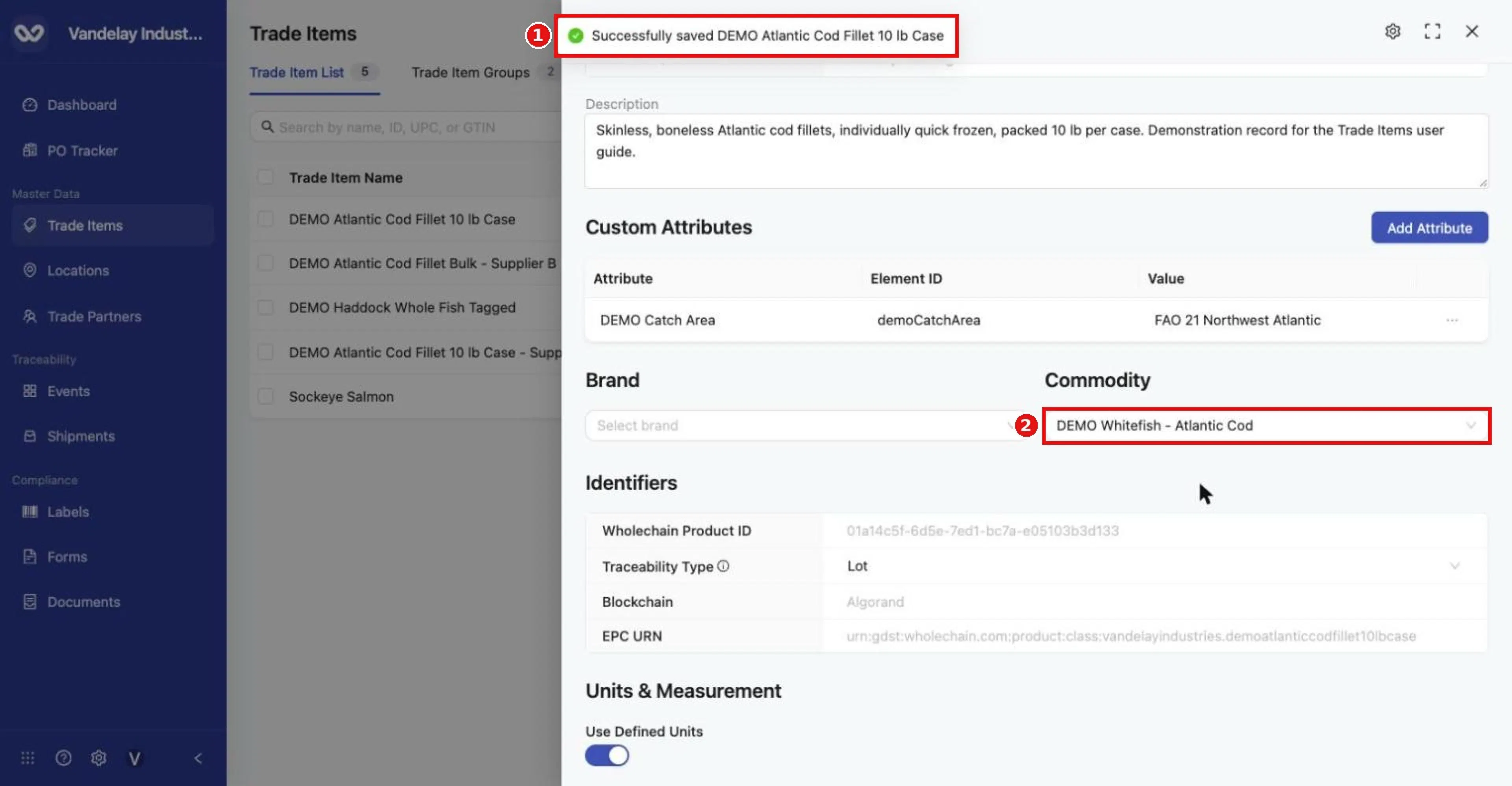 Commodity saved ('Successfully saved…'). The item is now a member of that group.