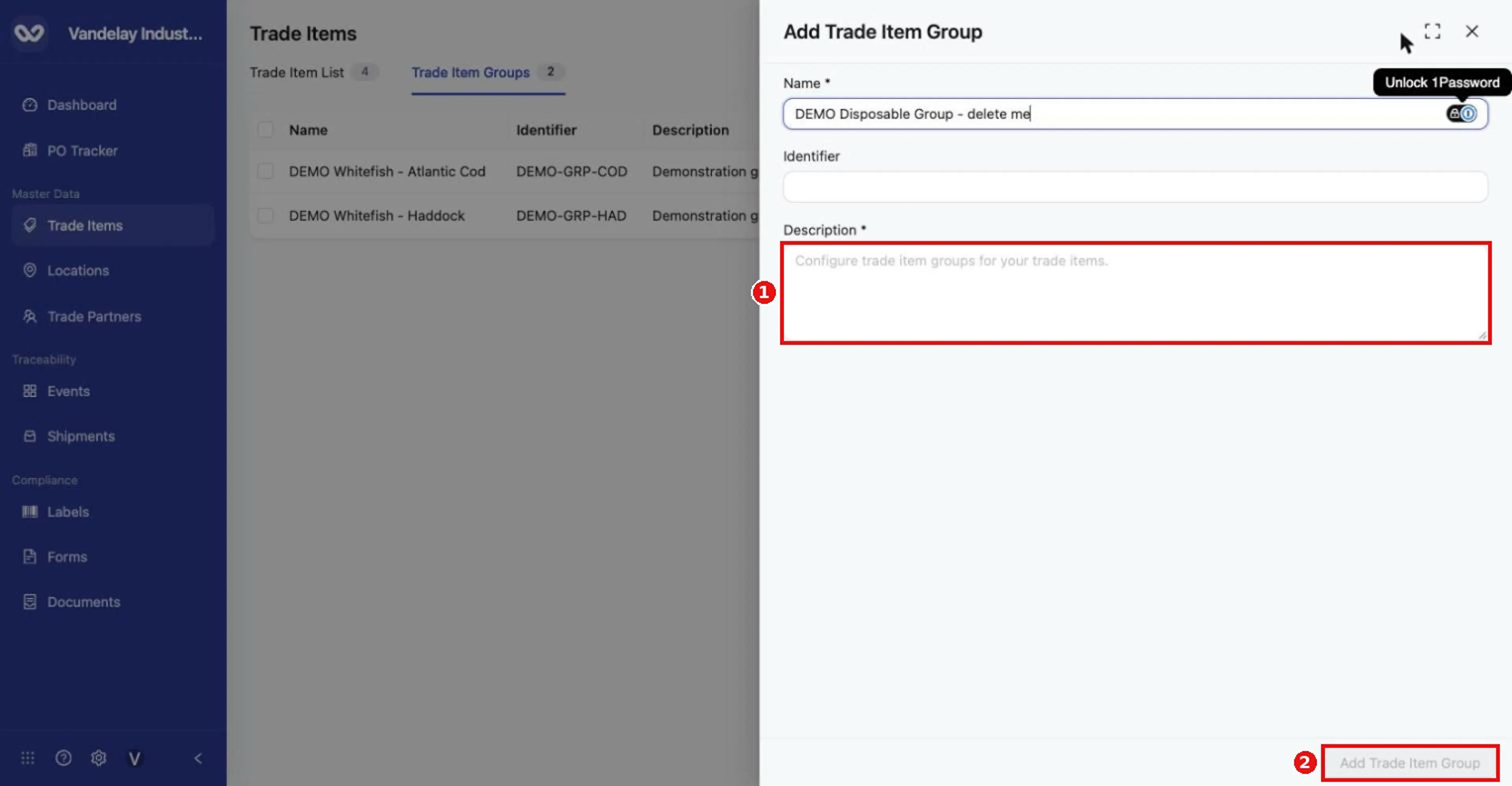 With only a Name entered, Add Trade Item Group stays disabled until the required Description is filled in.