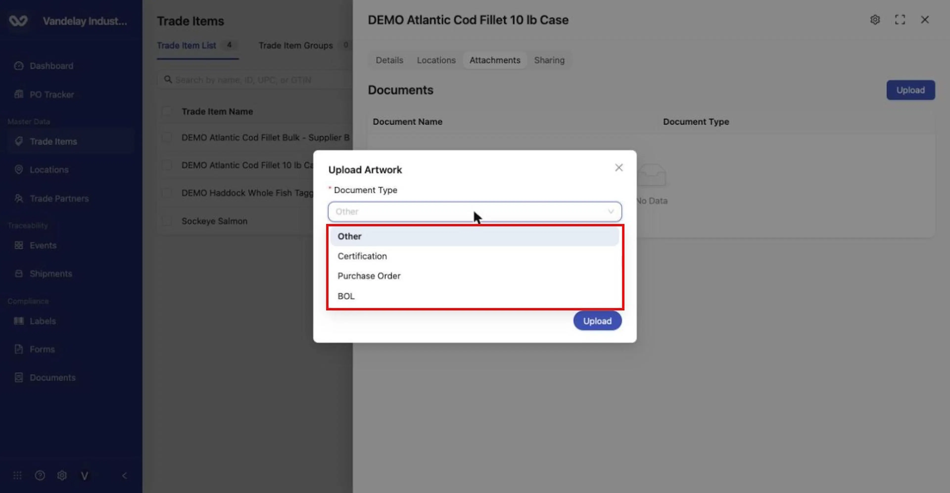 Document Type options: Other, Certification, Purchase Order, BOL.