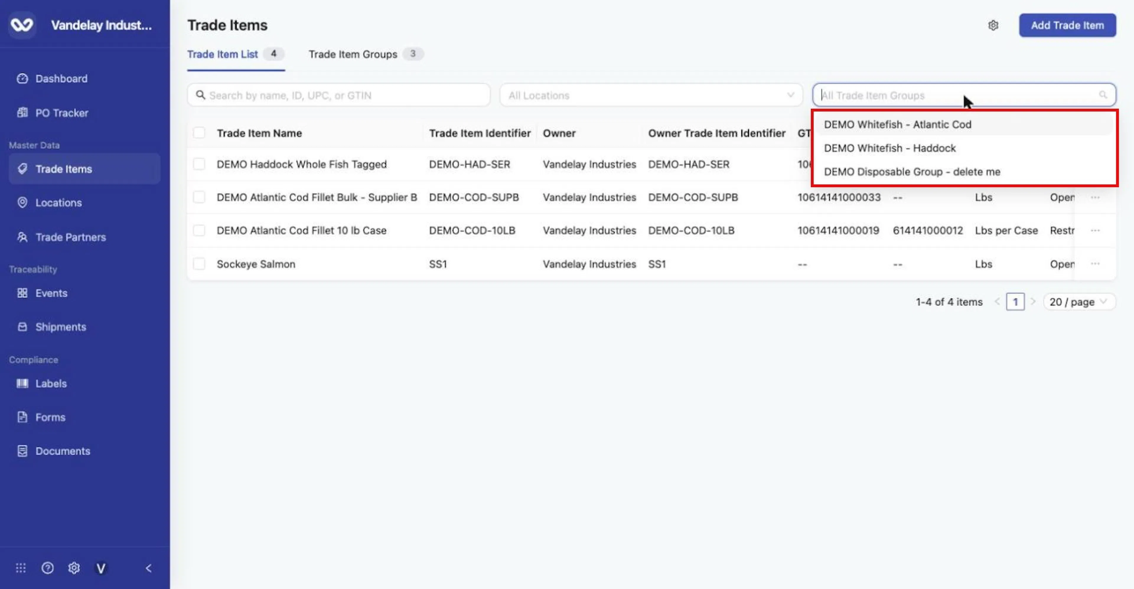 All Trade Item Groups filter lists every group.
