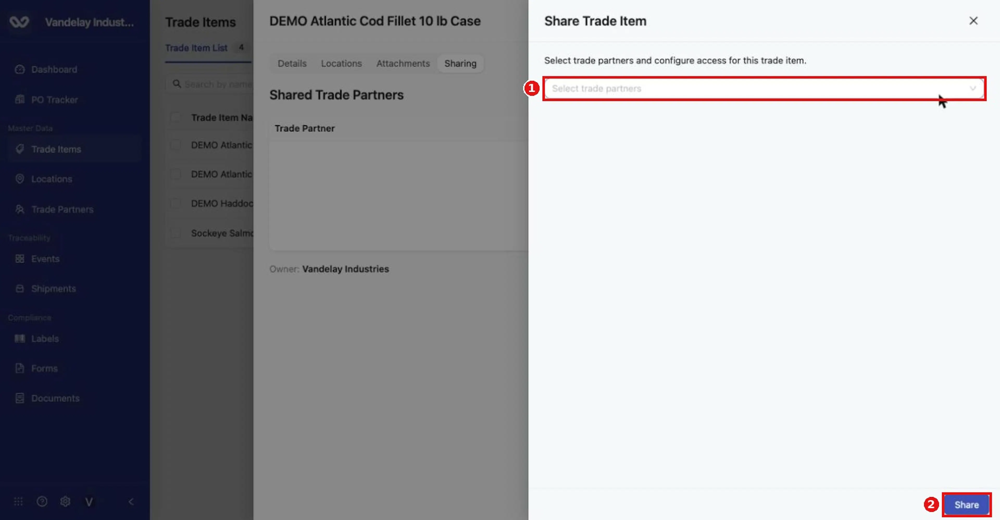 Share Trade Item panel. Search and select Wholechain-connected trade partners, then set access and click Share.