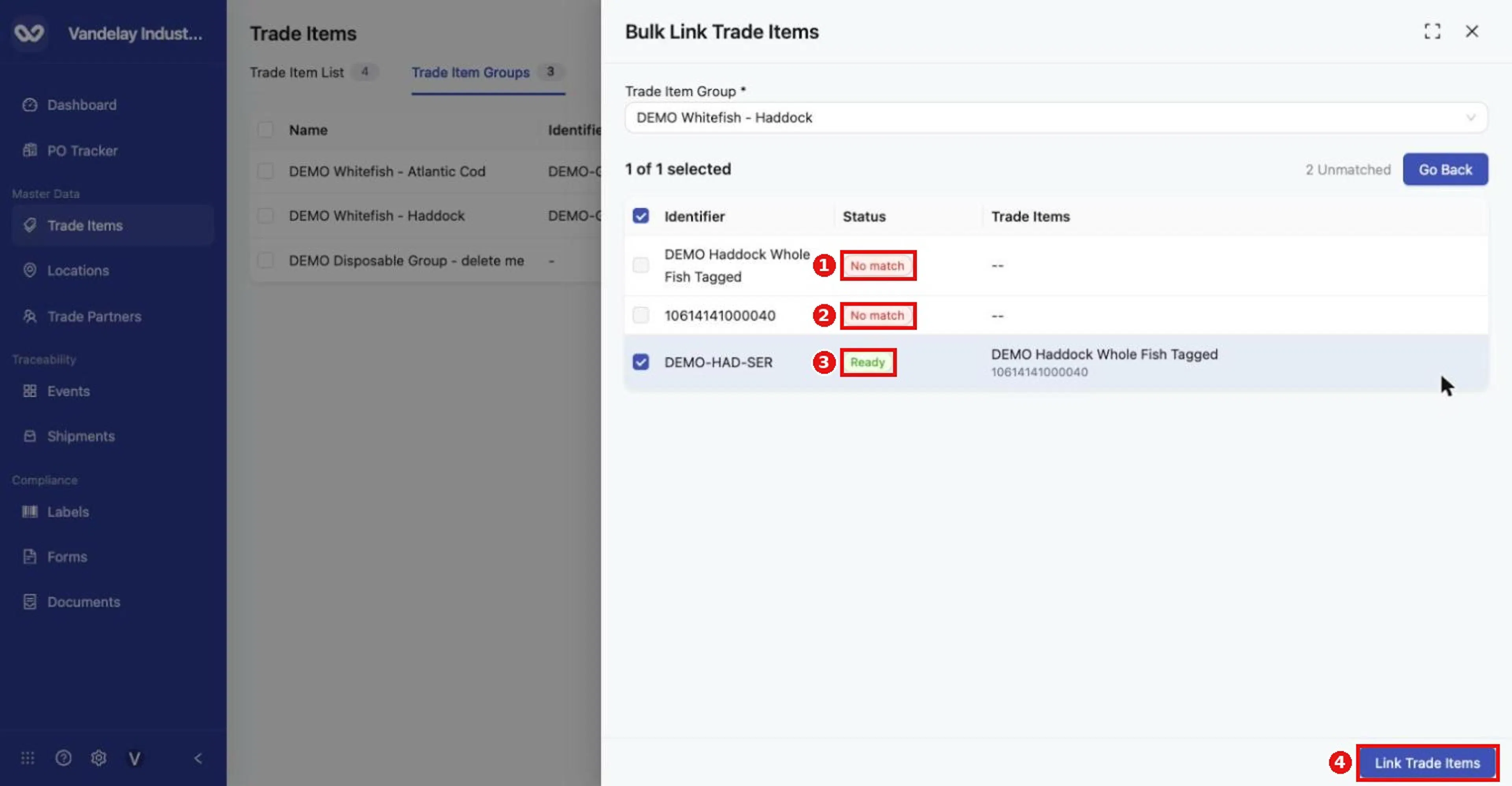 Only the Trade Item Identifier (DEMO-HAD-SER) matched. The item name and the GTIN show 'No match'.
