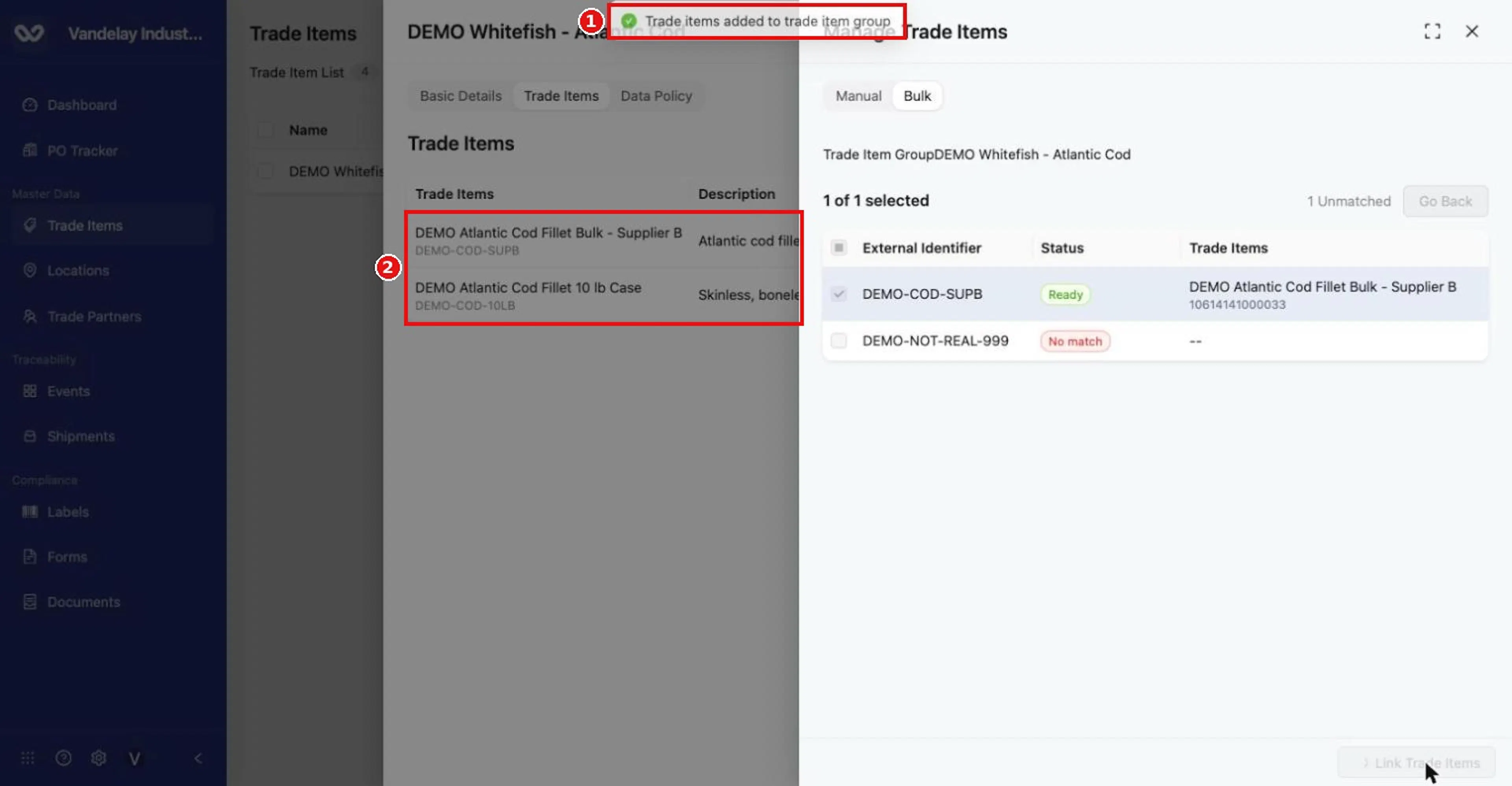 'Trade items added to trade item group'. The matched item now appears in the group.