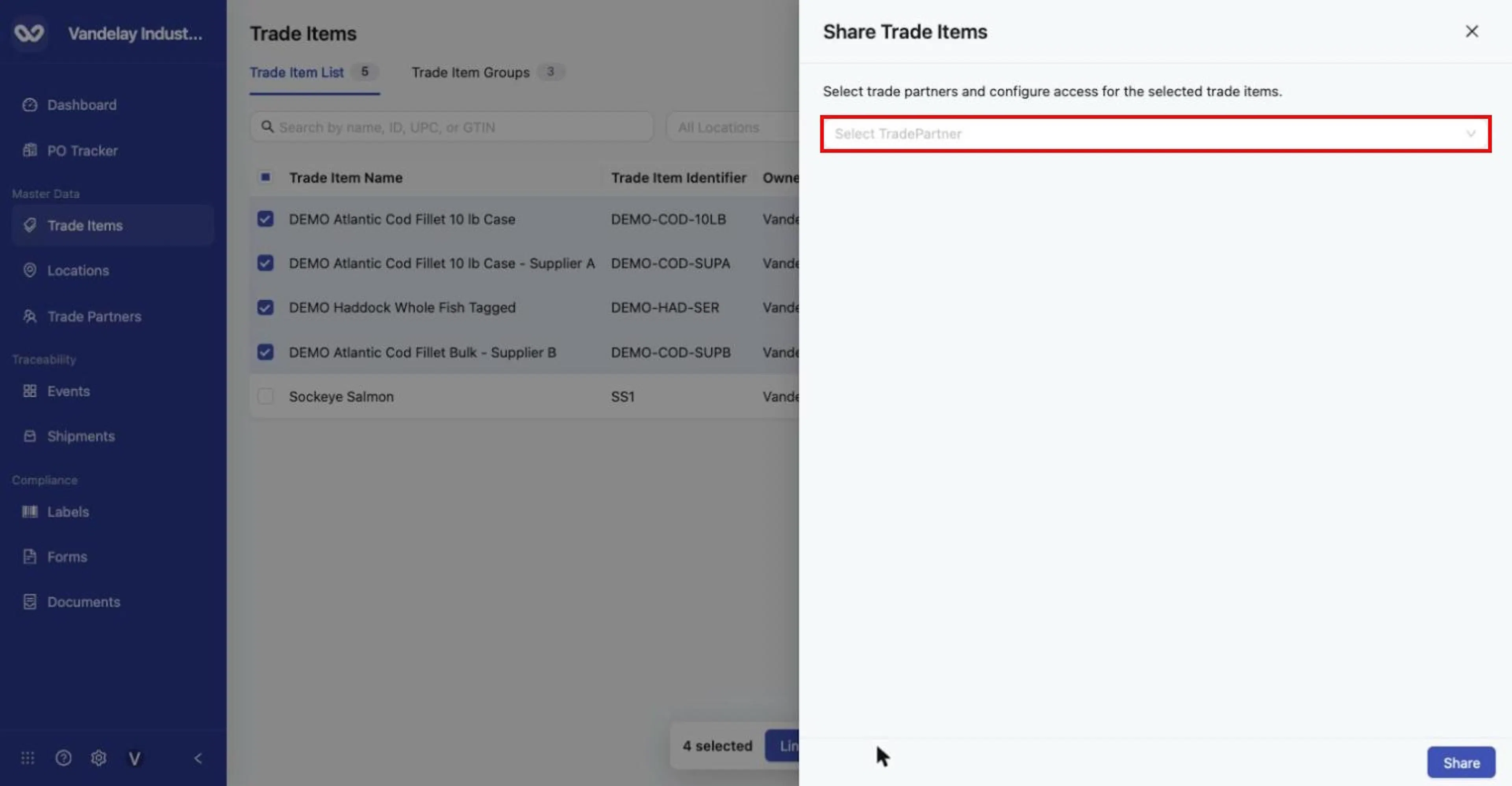Bulk Share opens Share Trade Items with a Select TradePartner field. Choose connected partners and their access, then click Share.
