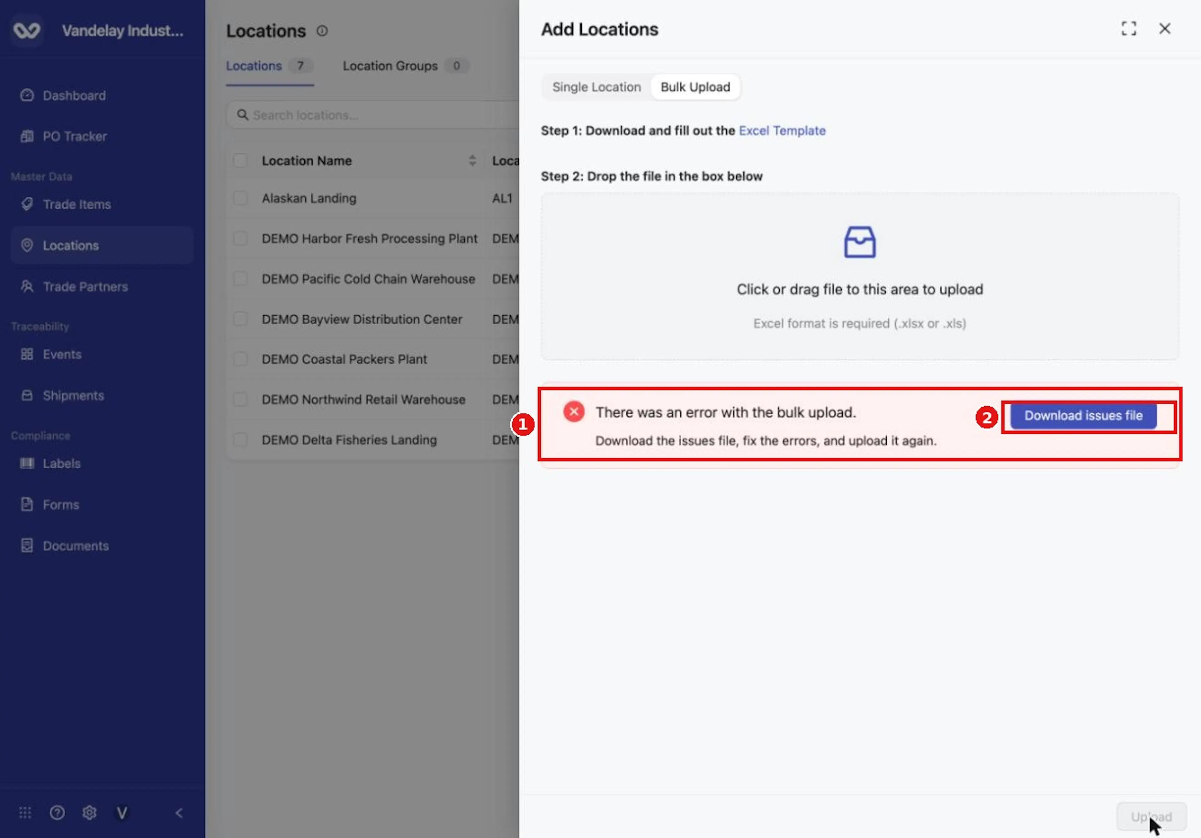If a row has an error, a banner appears with a Download issues file button. Open it to read what to fix.
