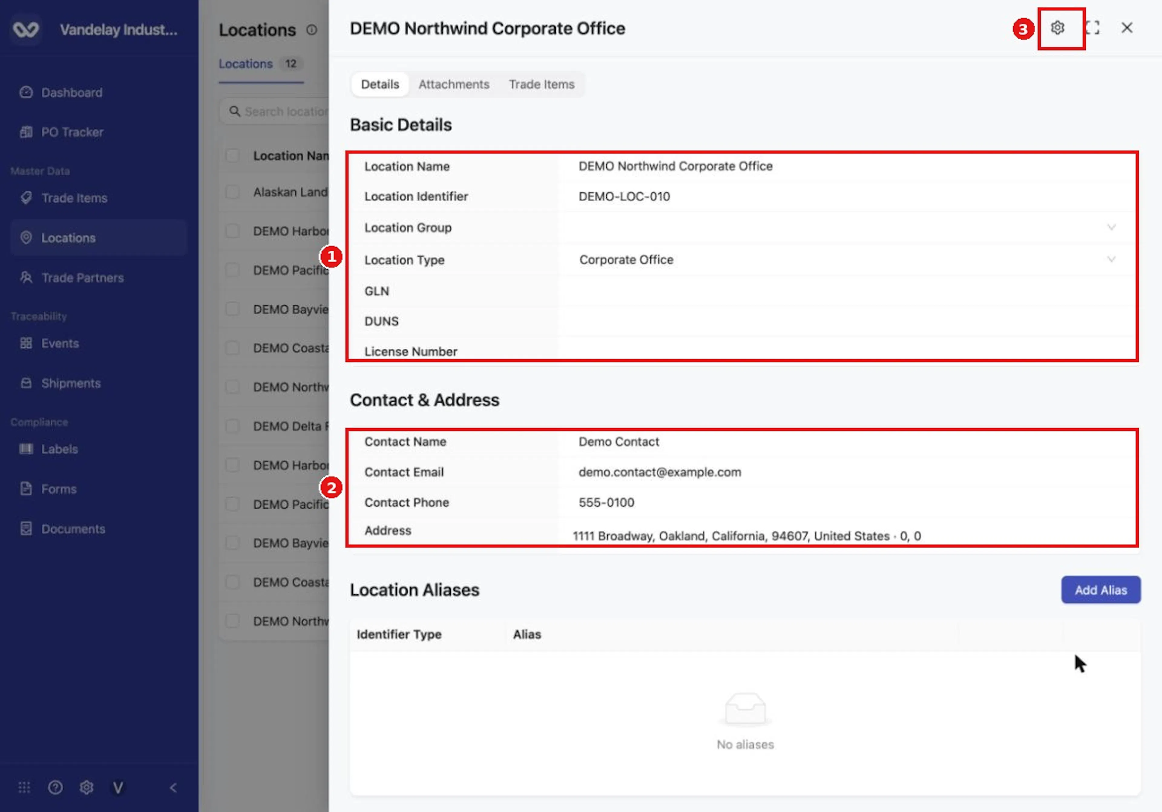 The Details tab holds the location's identity, contact and address, and its aliases. The gear icon opens the location's settings.