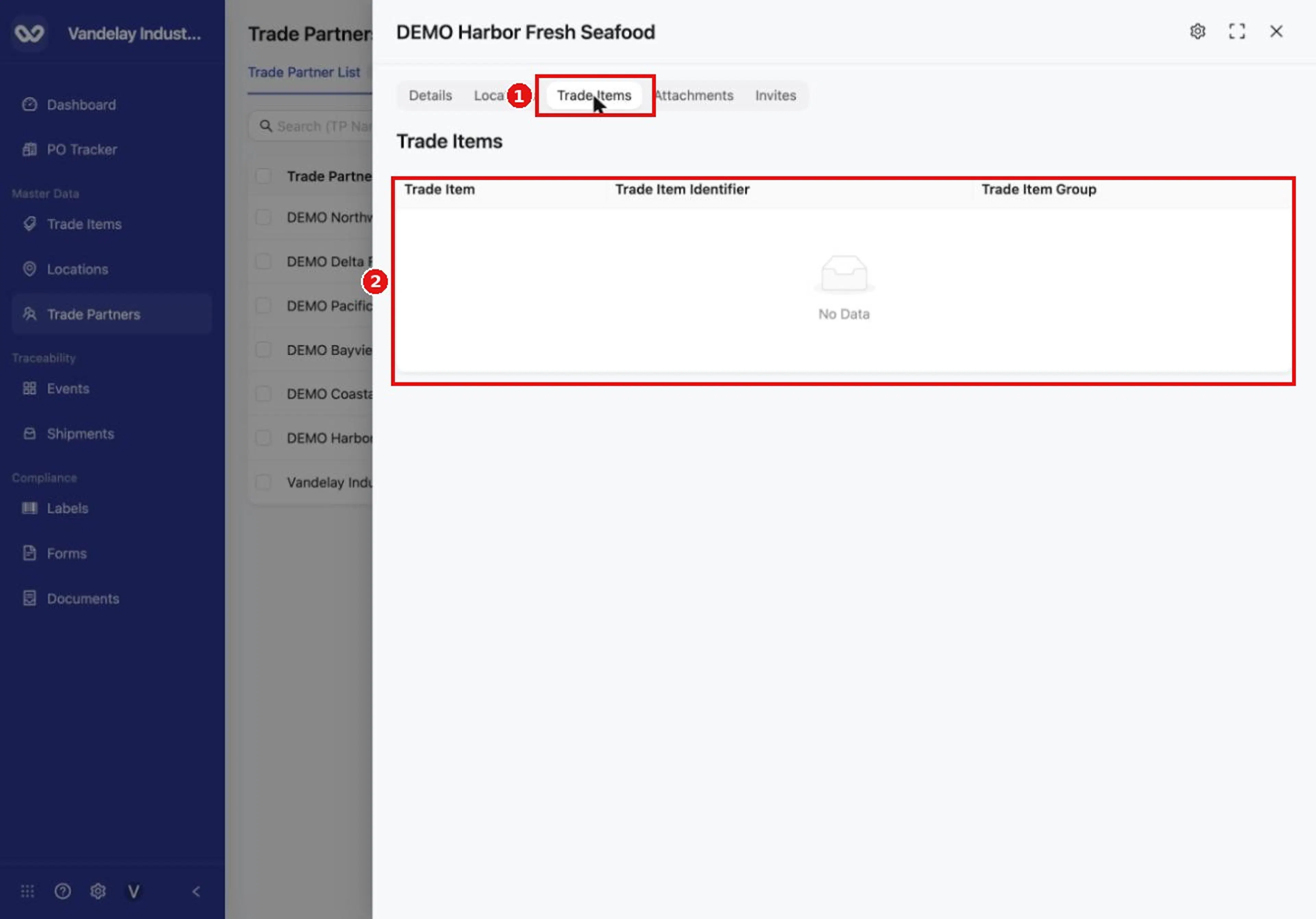 The Trade Items tab lists trade items linked to this trade partner.