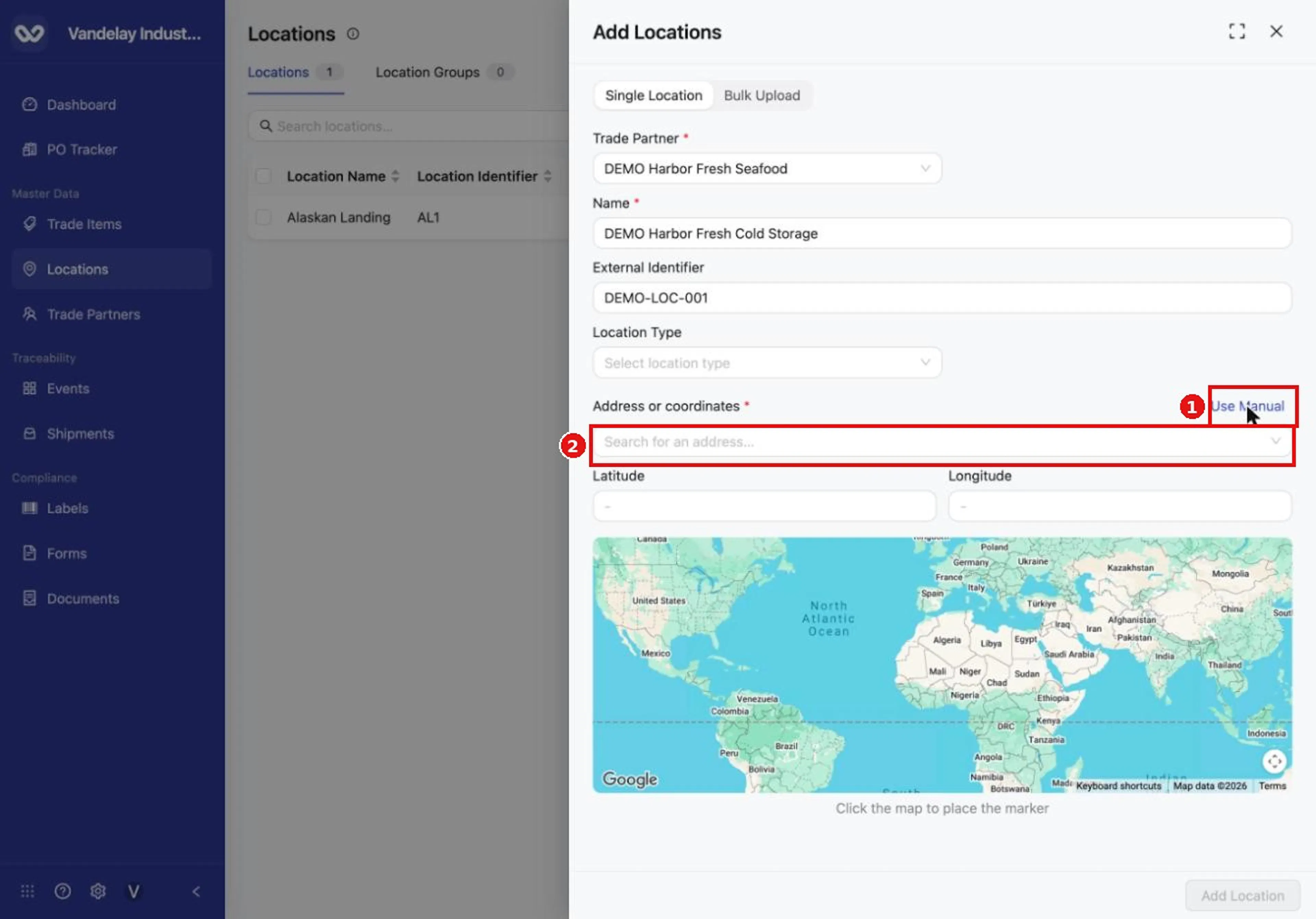 Search for an address, or select Use Manual to type the address fields yourself.
