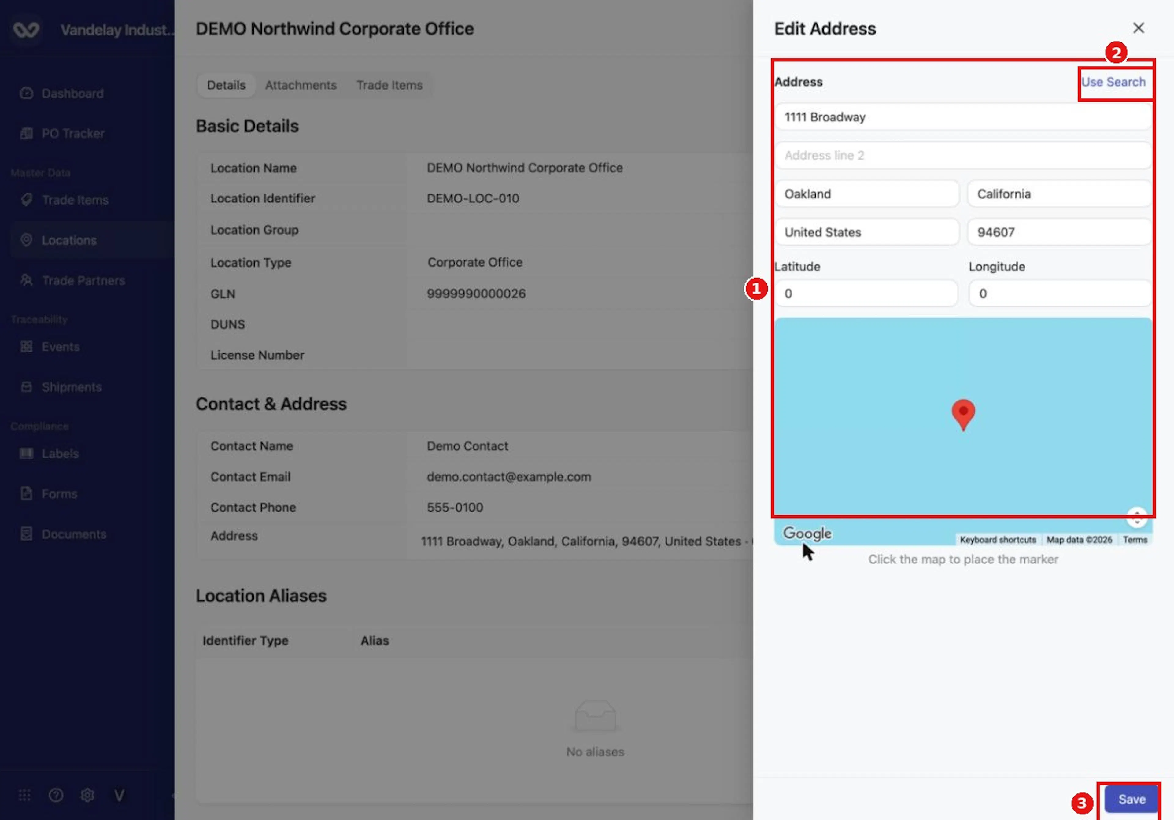 Select the address to open Edit Address. You can type the fields or select Use Search.