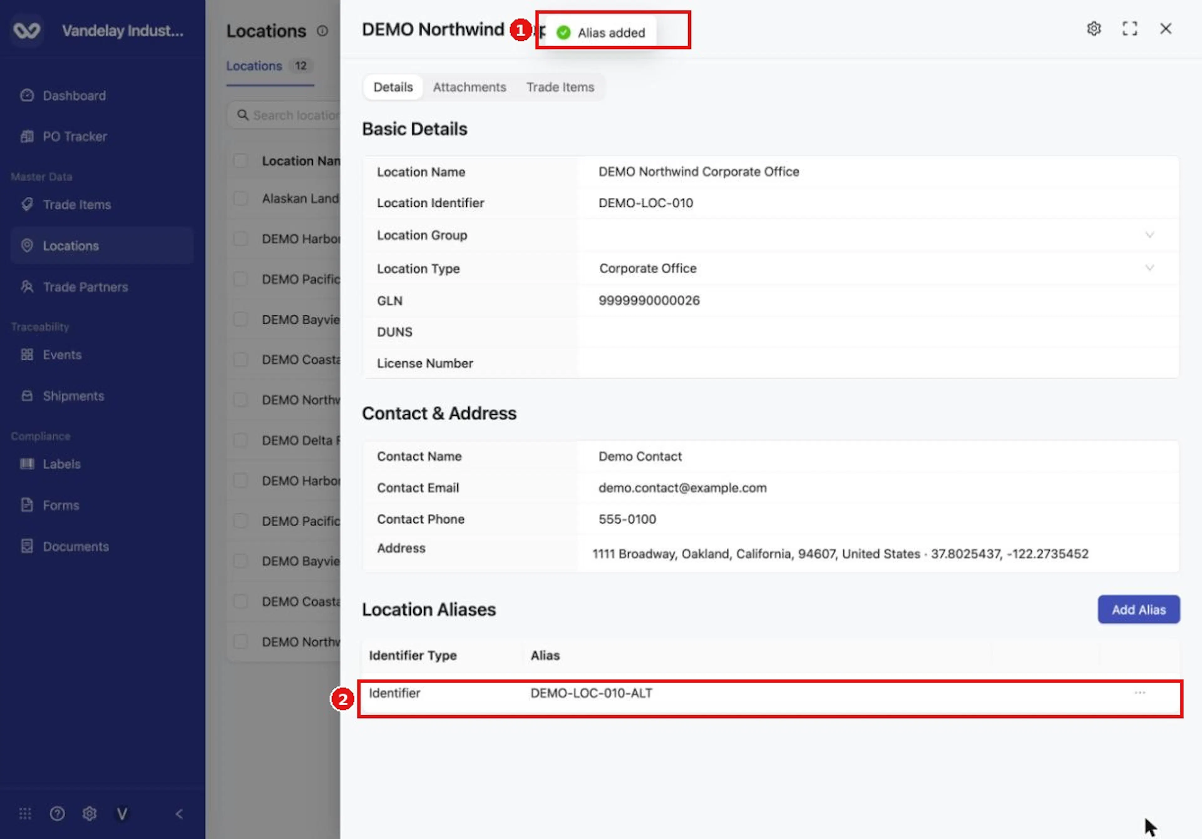 The alias appears in the Location Aliases table.
