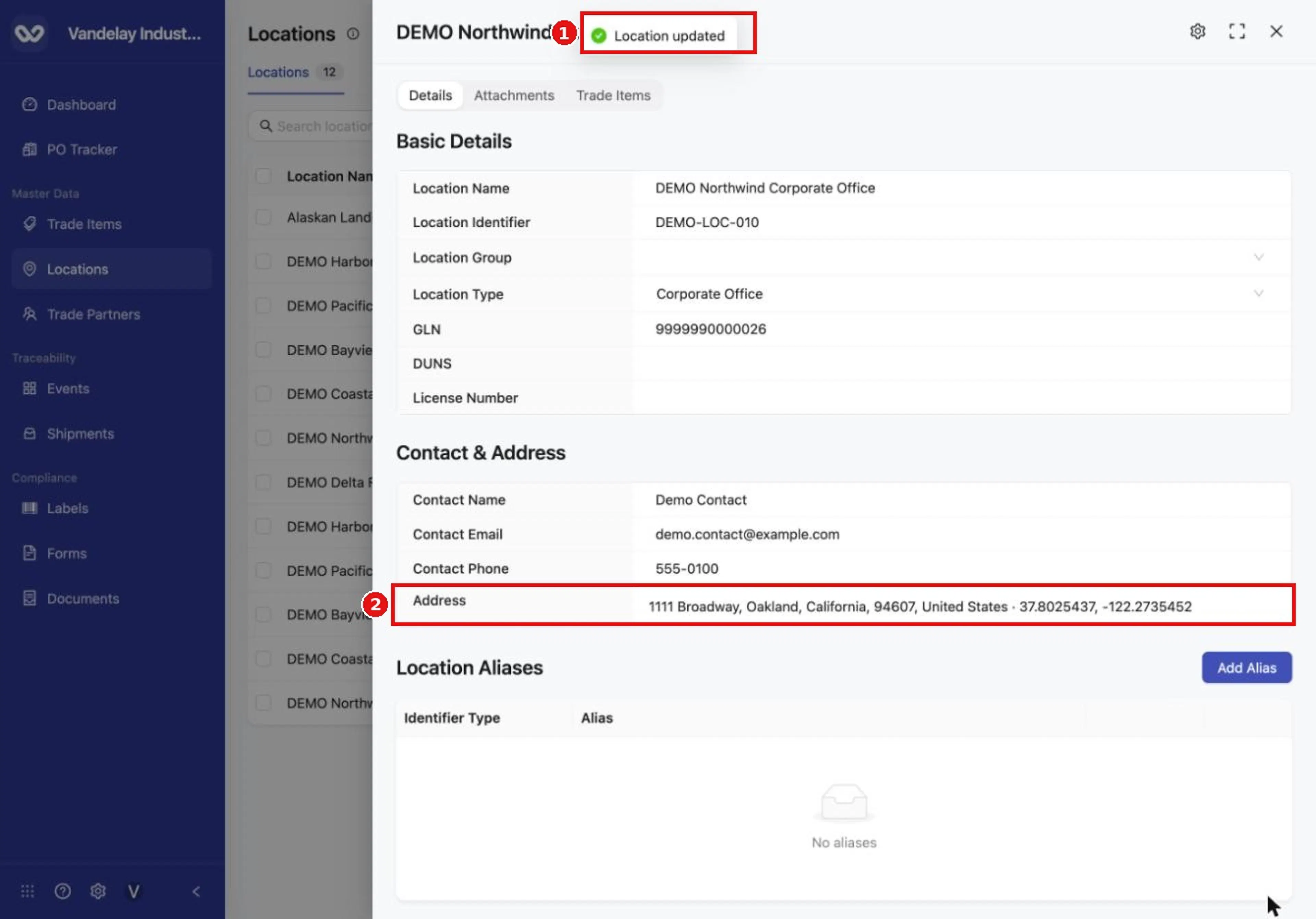The address now shows the new coordinates.