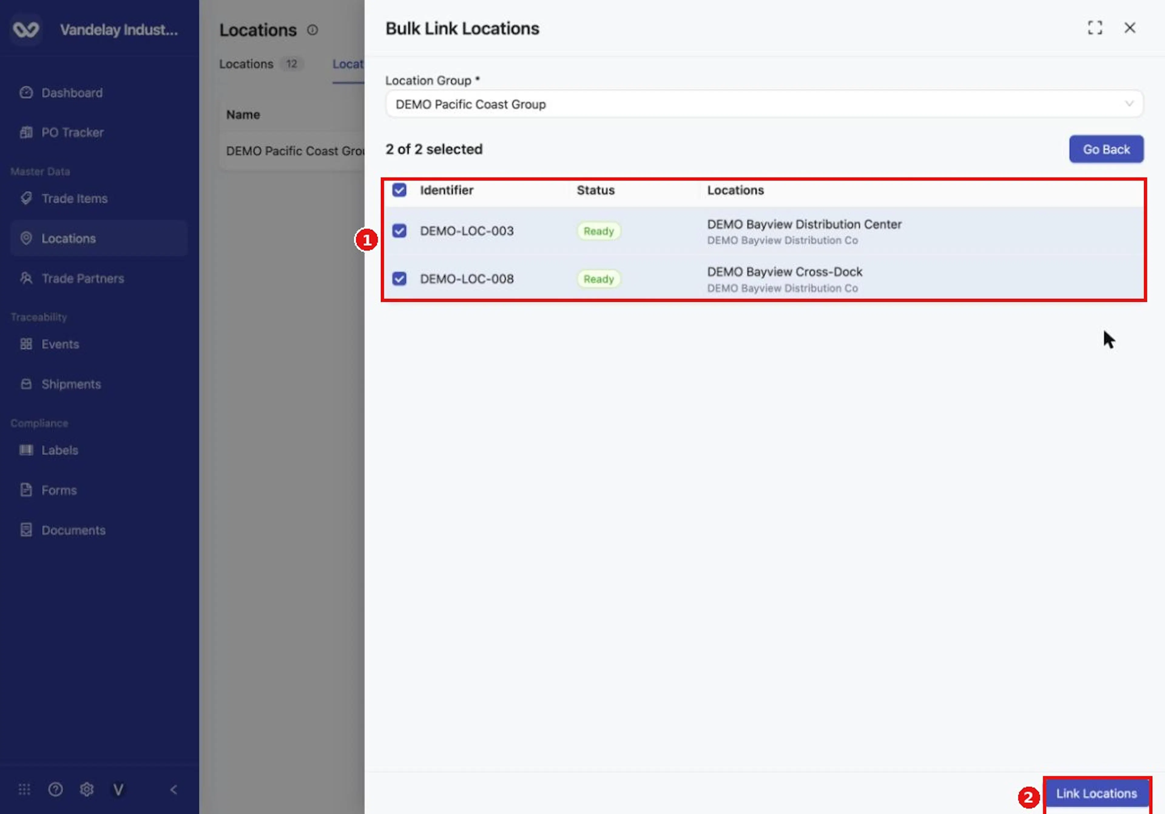 Review the matches. Locations marked Ready are linked when you select Link Locations.