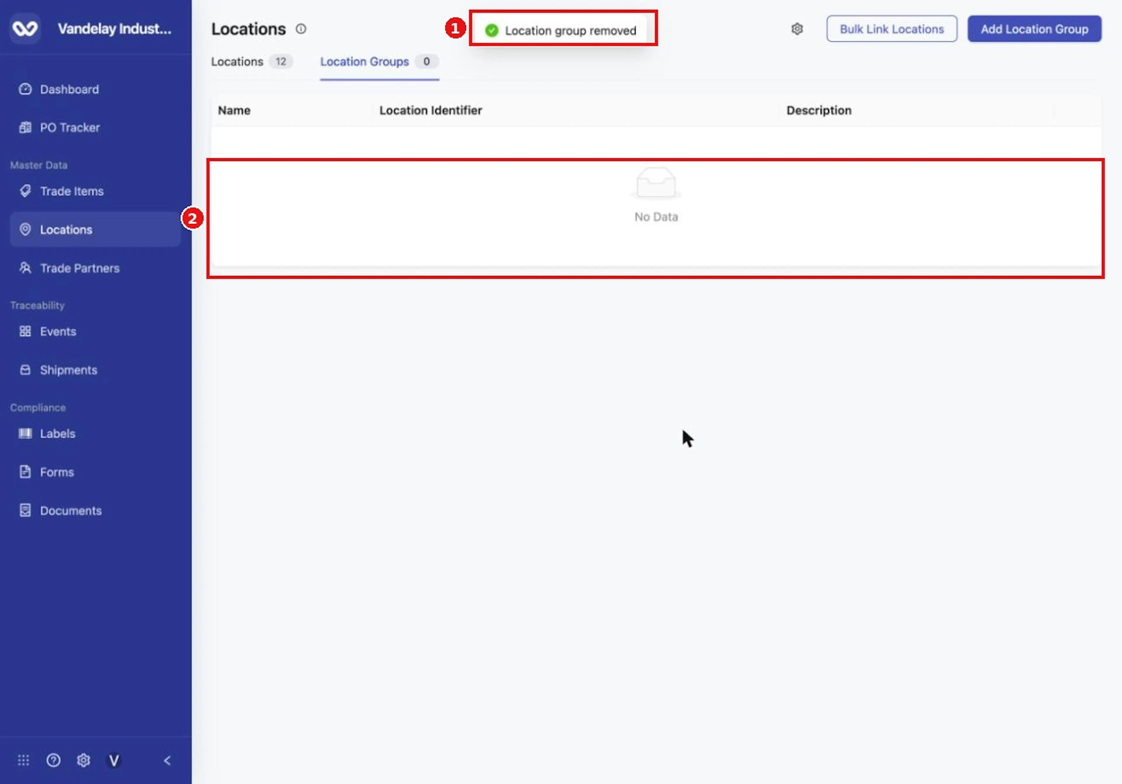 A Location group removed message appears and the list is empty.