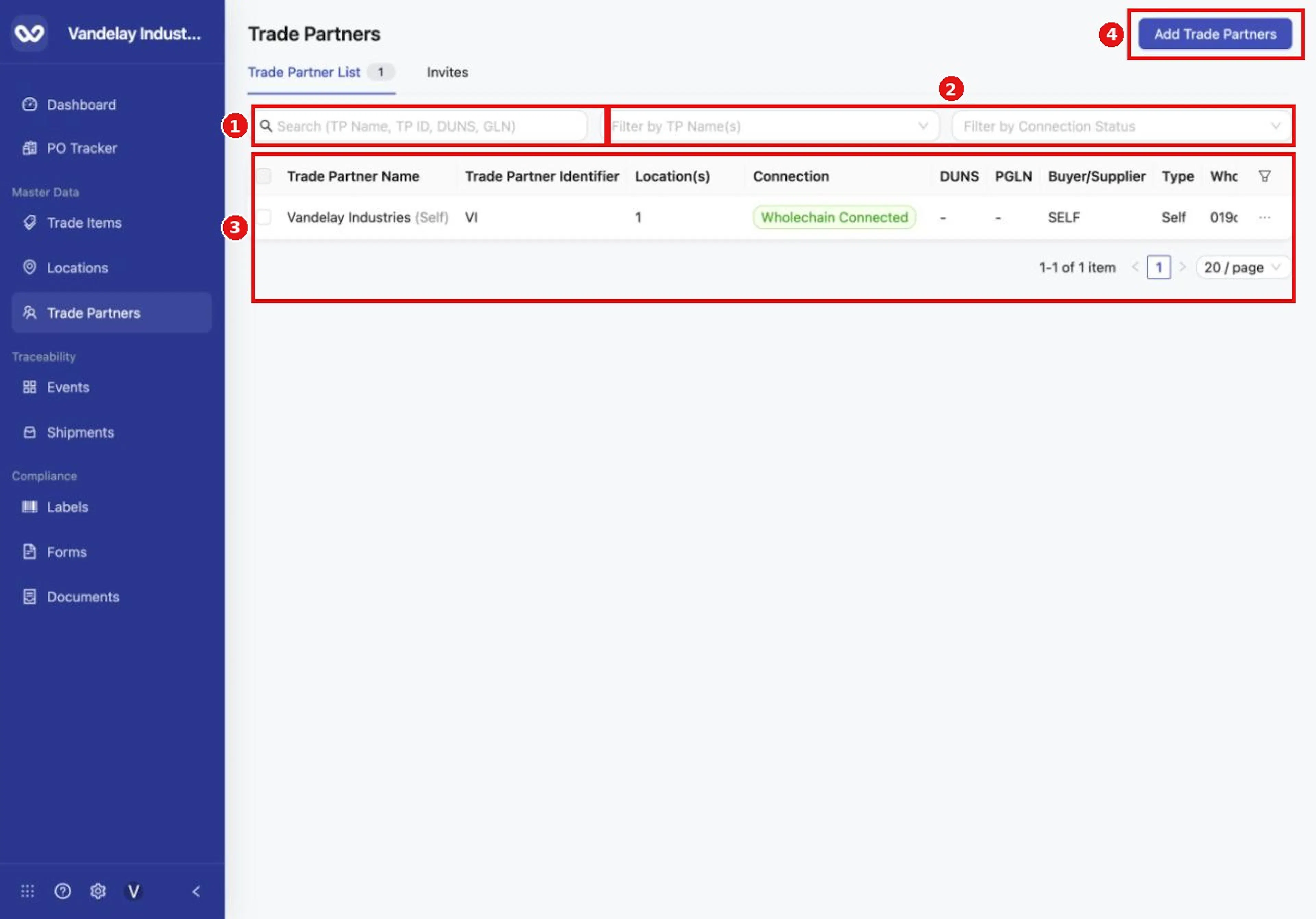 The Trade Partners list. Use search, the two filters, and Add Trade Partners at the top of the page.