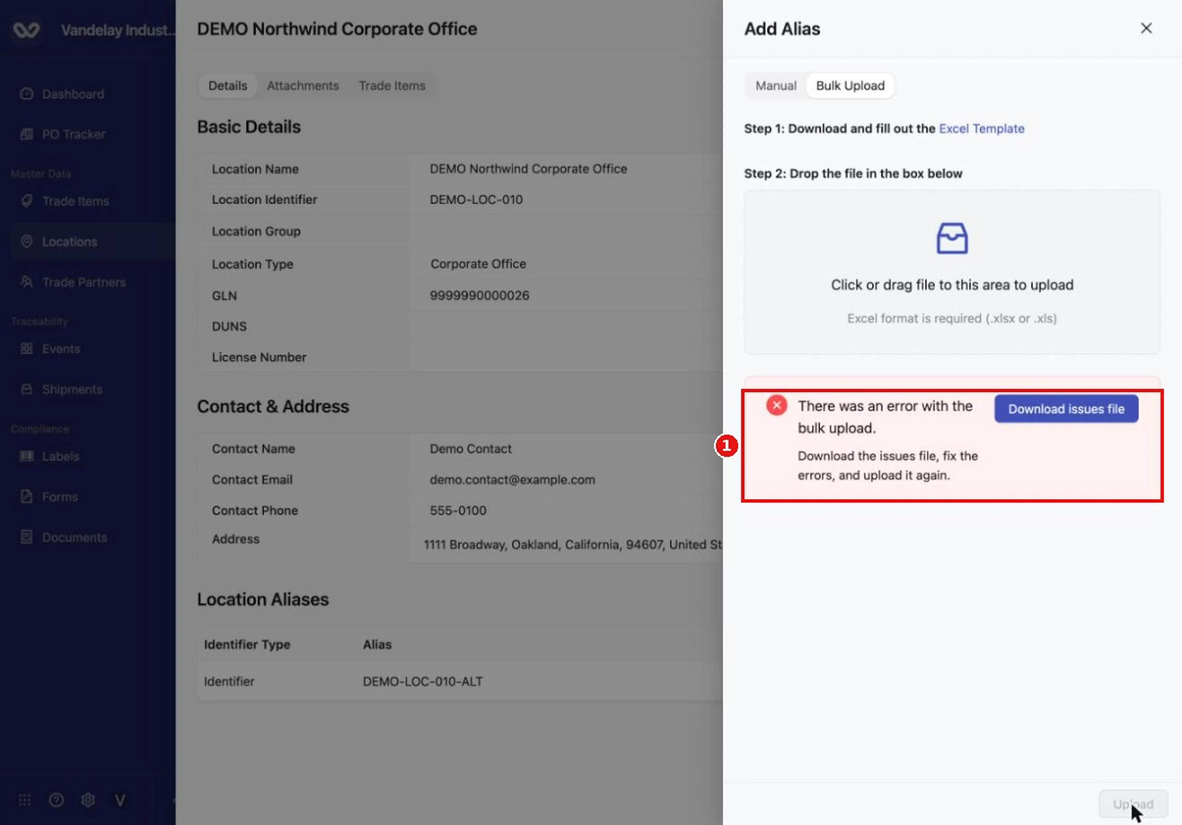 If the upload has errors, a banner offers a Download issues file button.