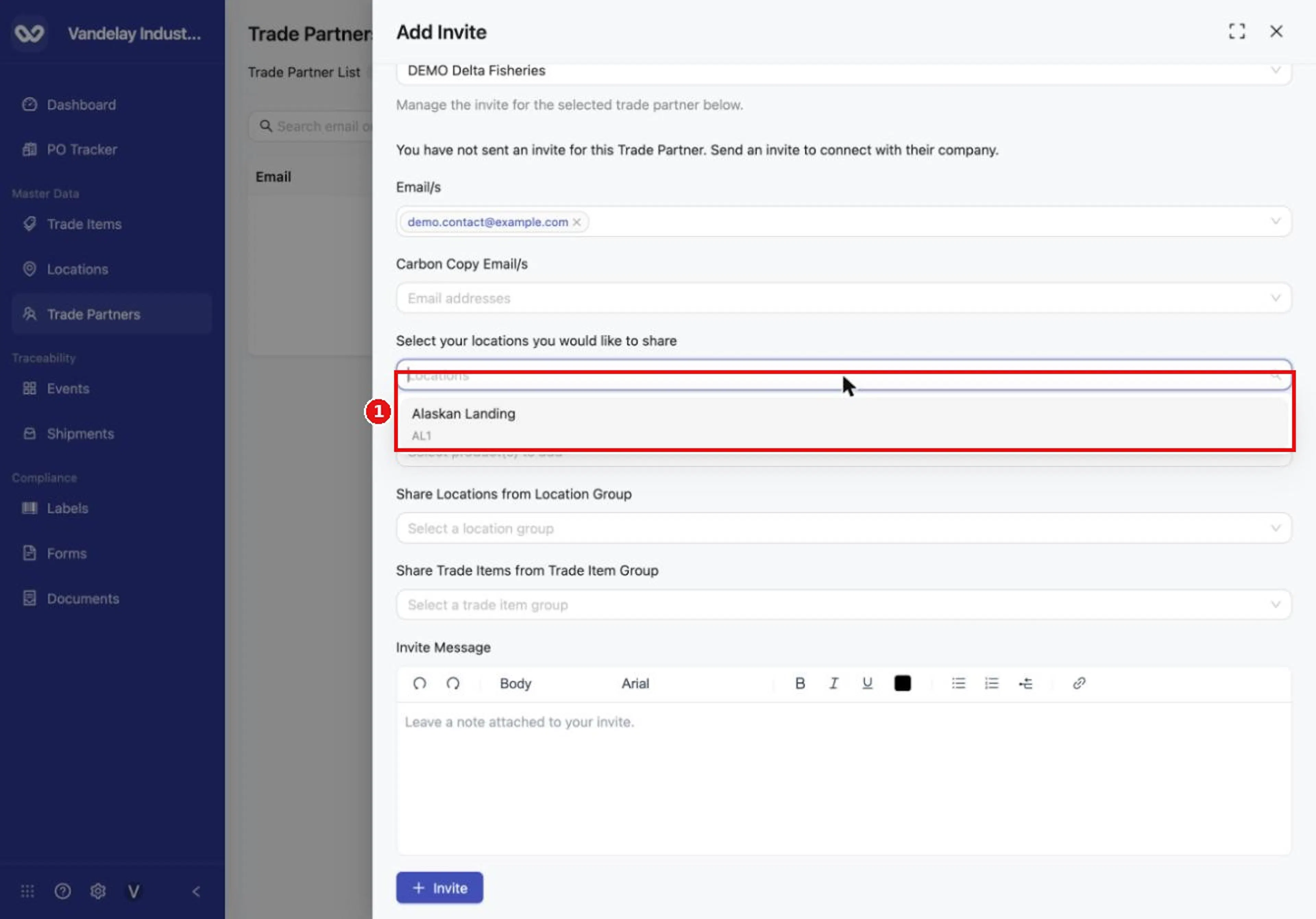 Select your locations to share. Only locations owned by your own company are offered.