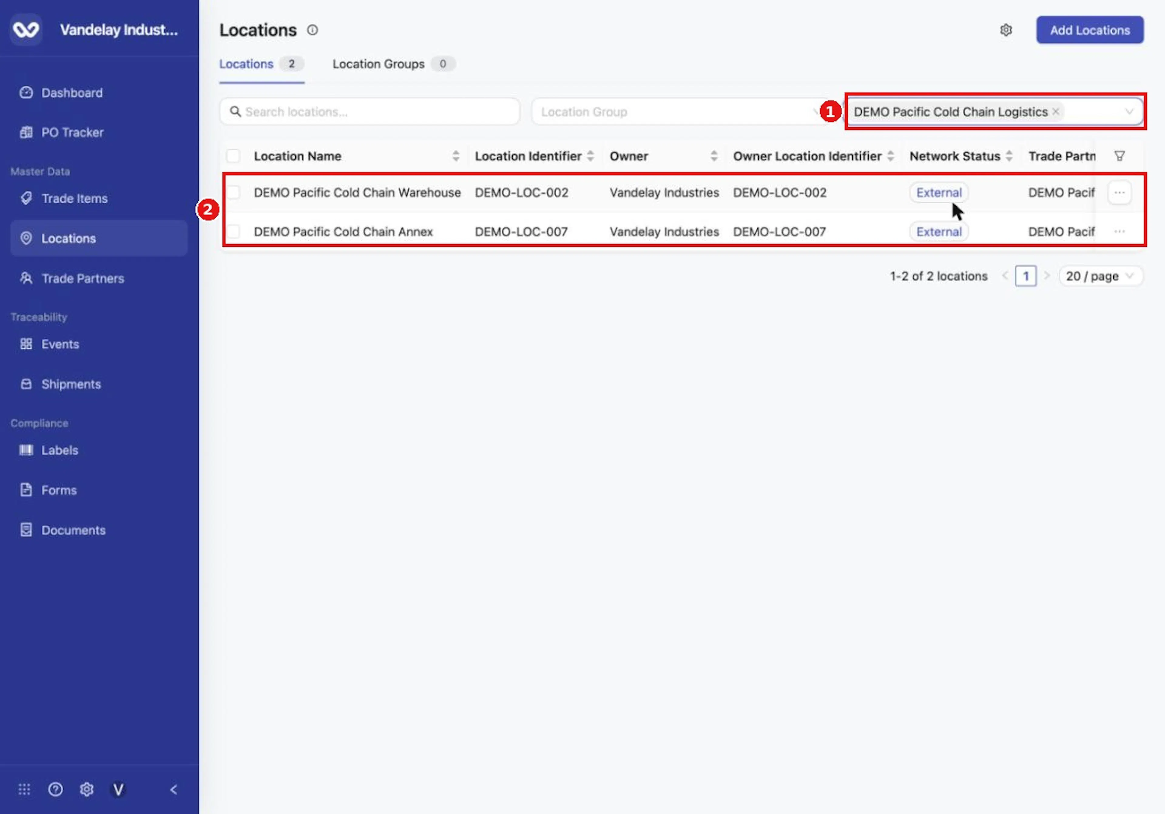 The list shows only locations that belong to the selected trade partner.