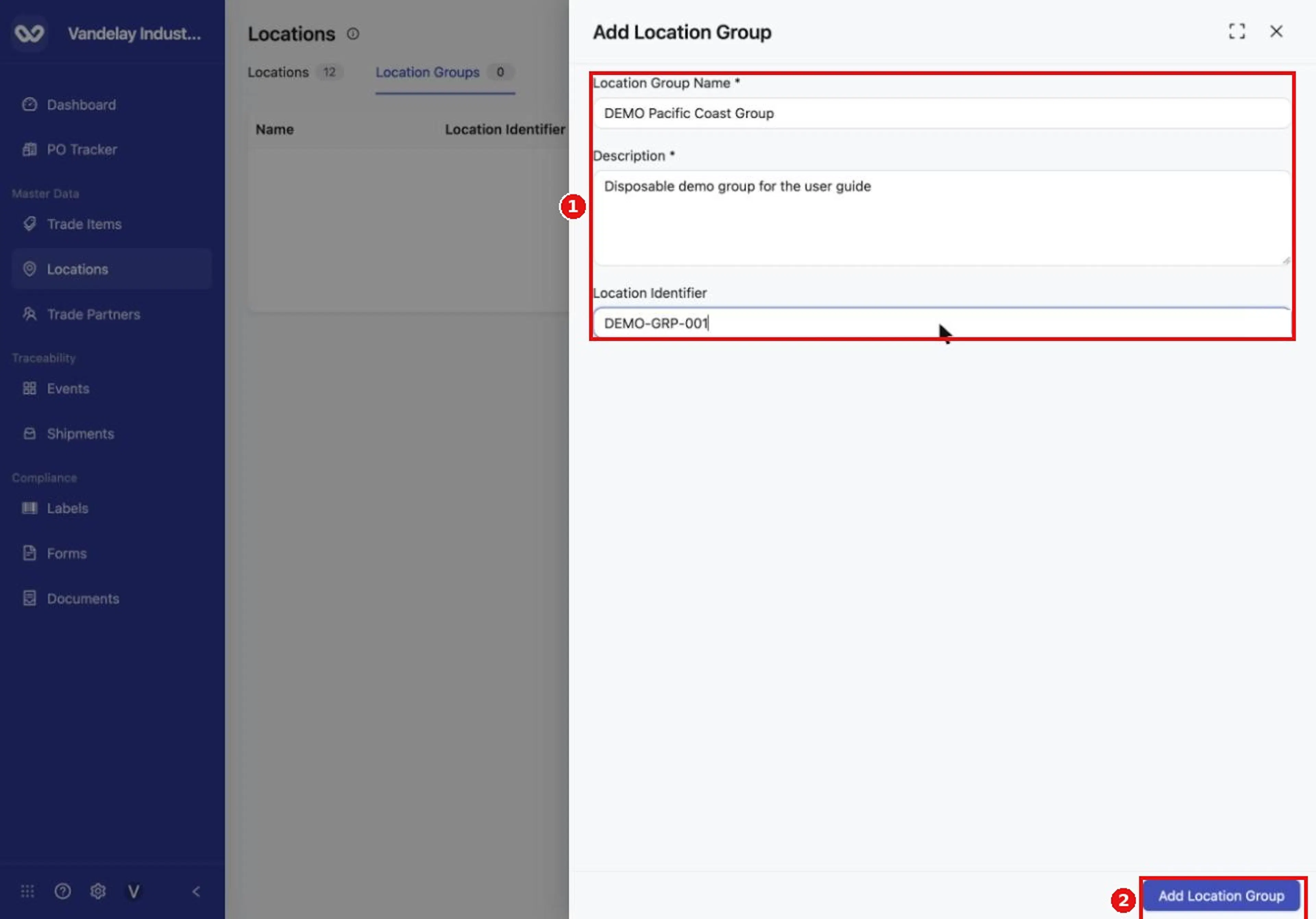 Enter the group's name, description and identifier, then select Add Location Group.