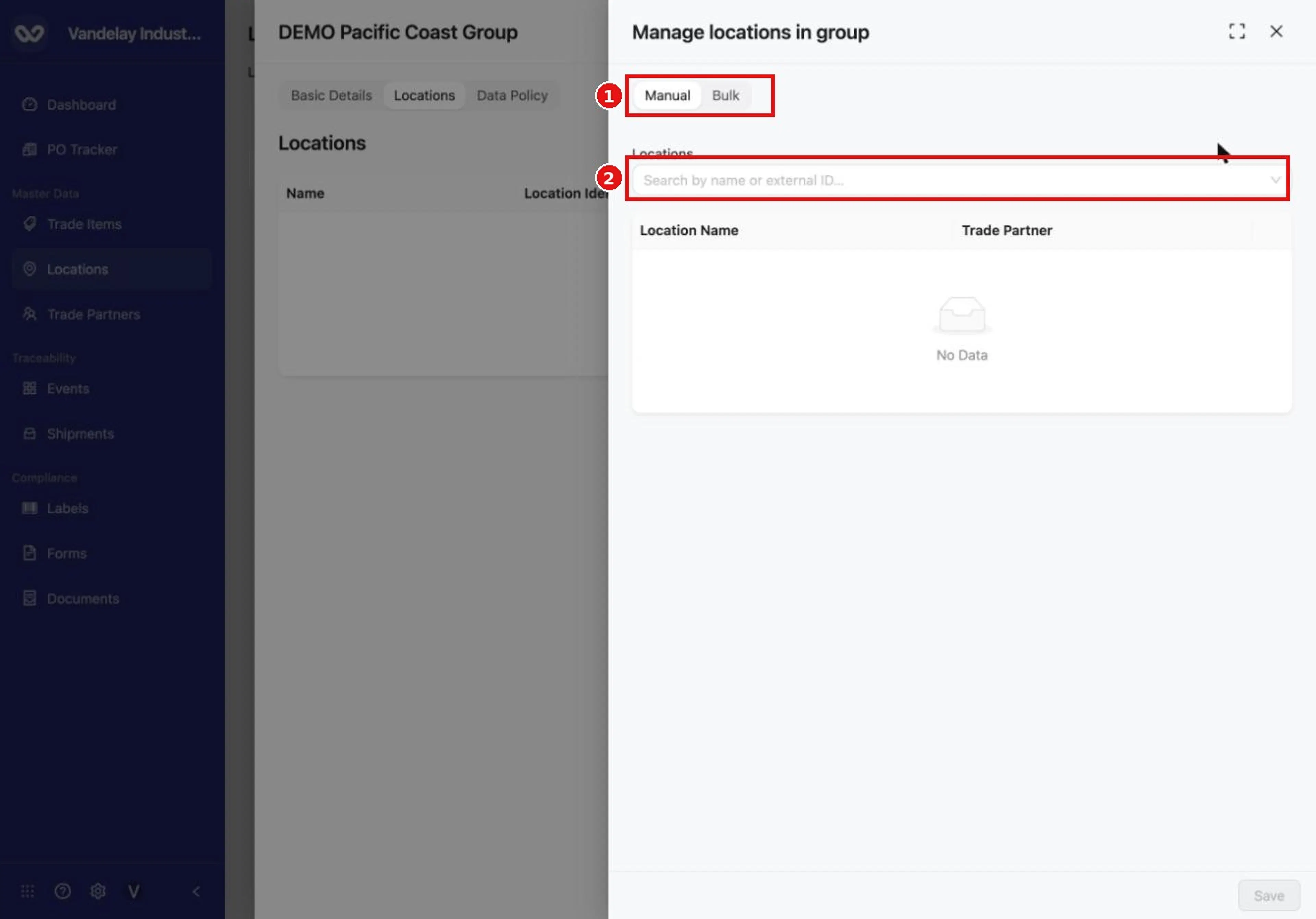 Manage Locations has Manual and Bulk tabs. On Manual, search for locations to add.