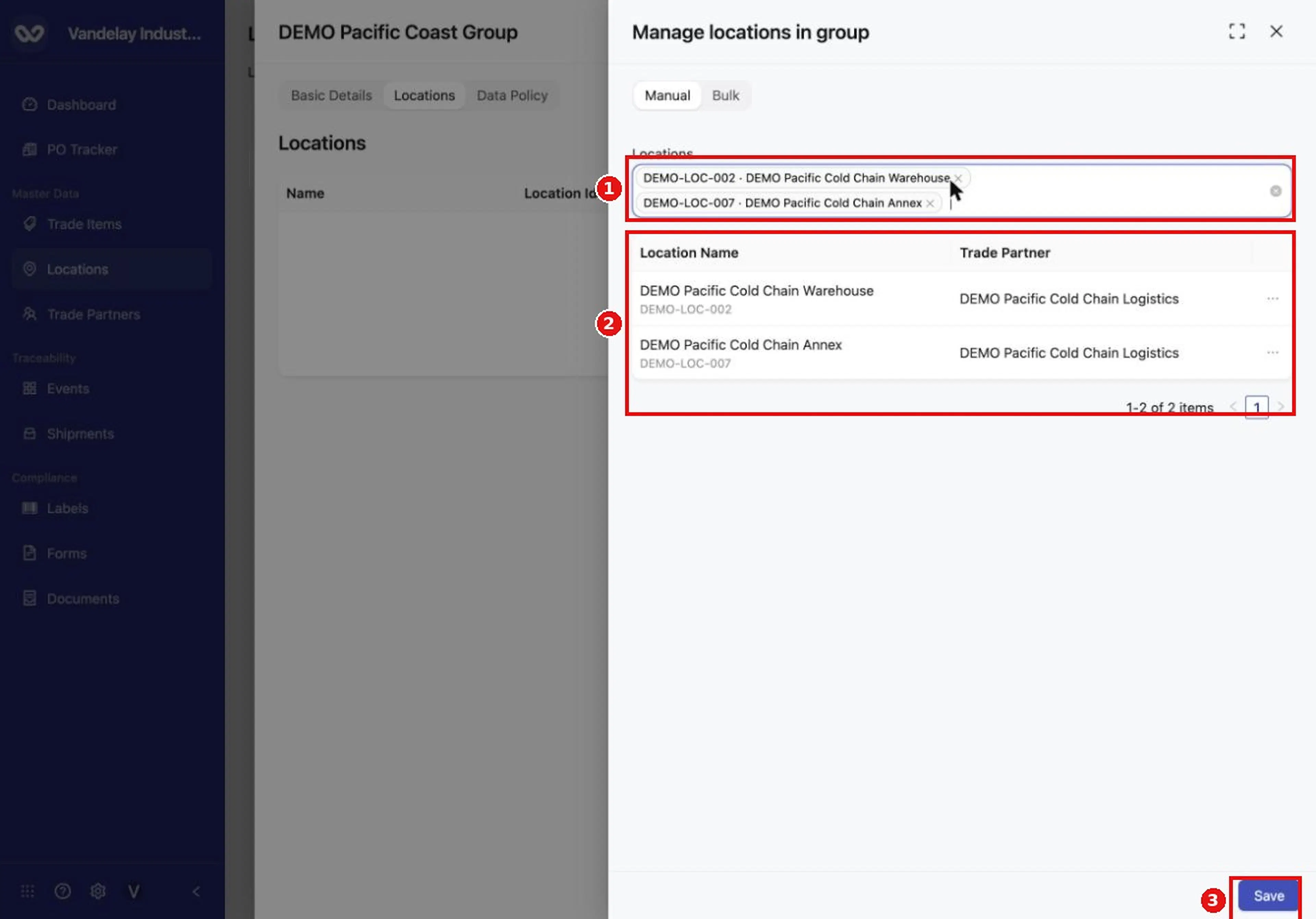 Selected locations are listed. Select Save to add them to the group.