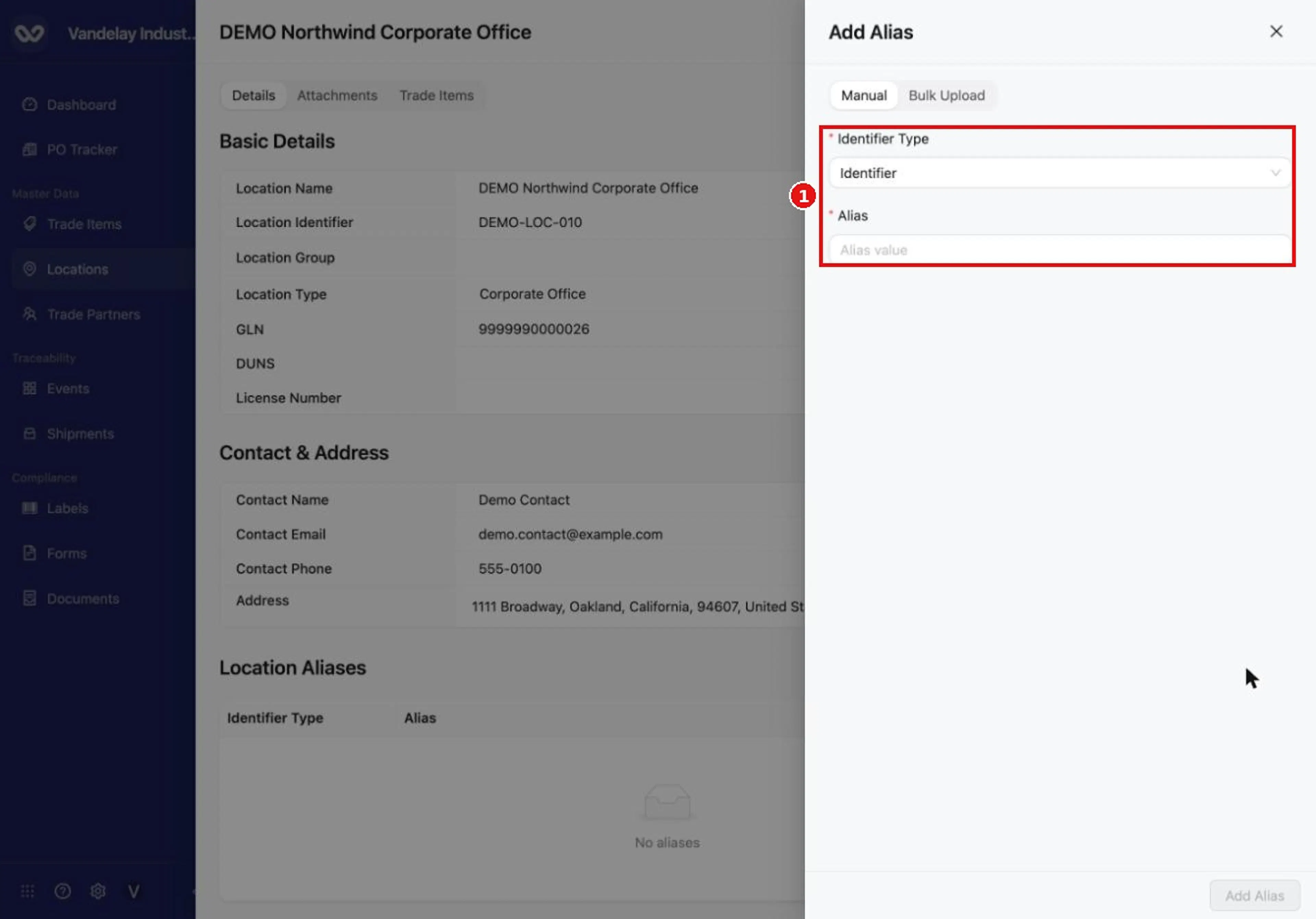 Select Add Alias in the Location Aliases section to open the alias drawer.