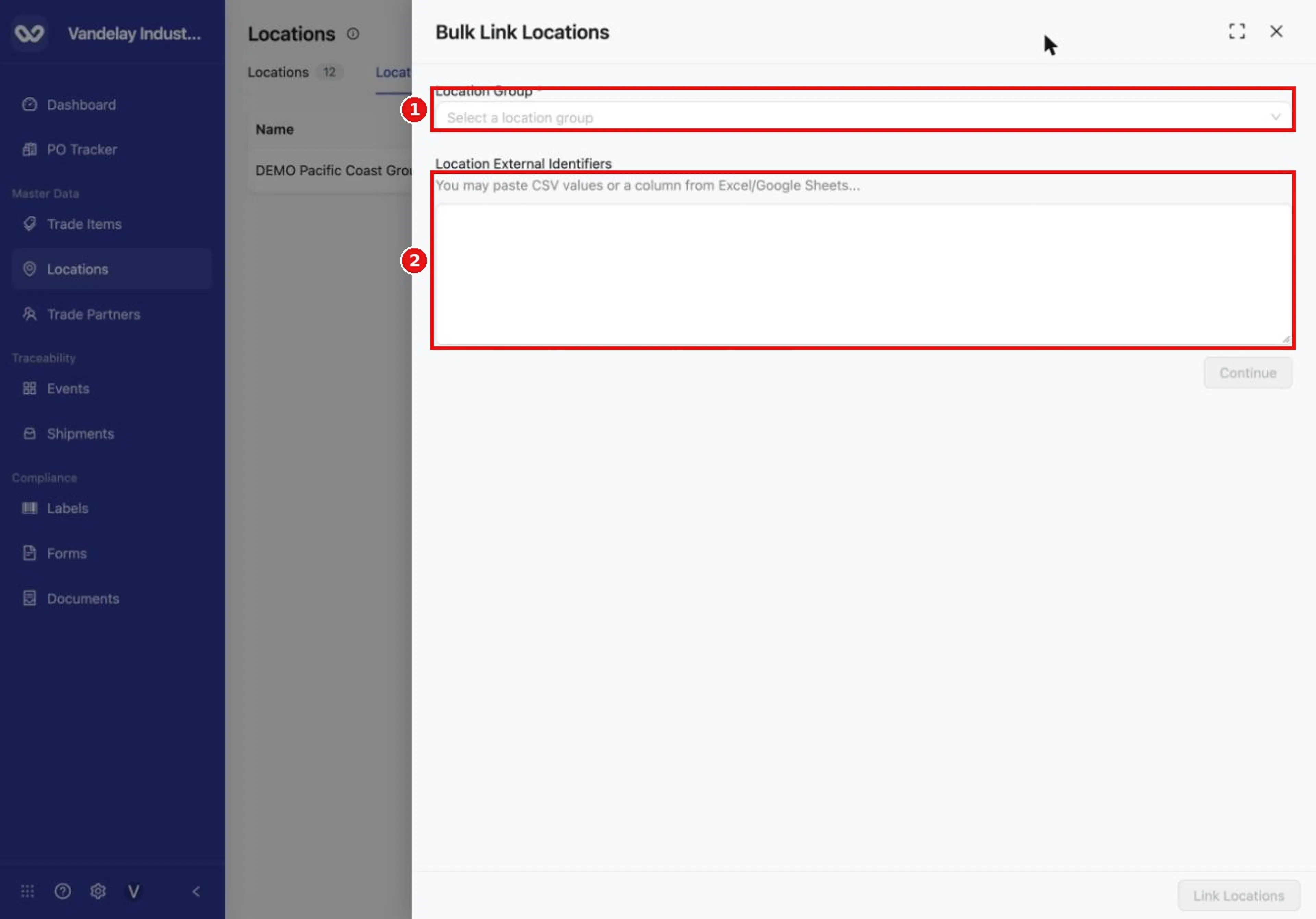 Bulk Link Locations, at the top of the Location Groups tab, links locations to a group from a pasted list of identifiers.