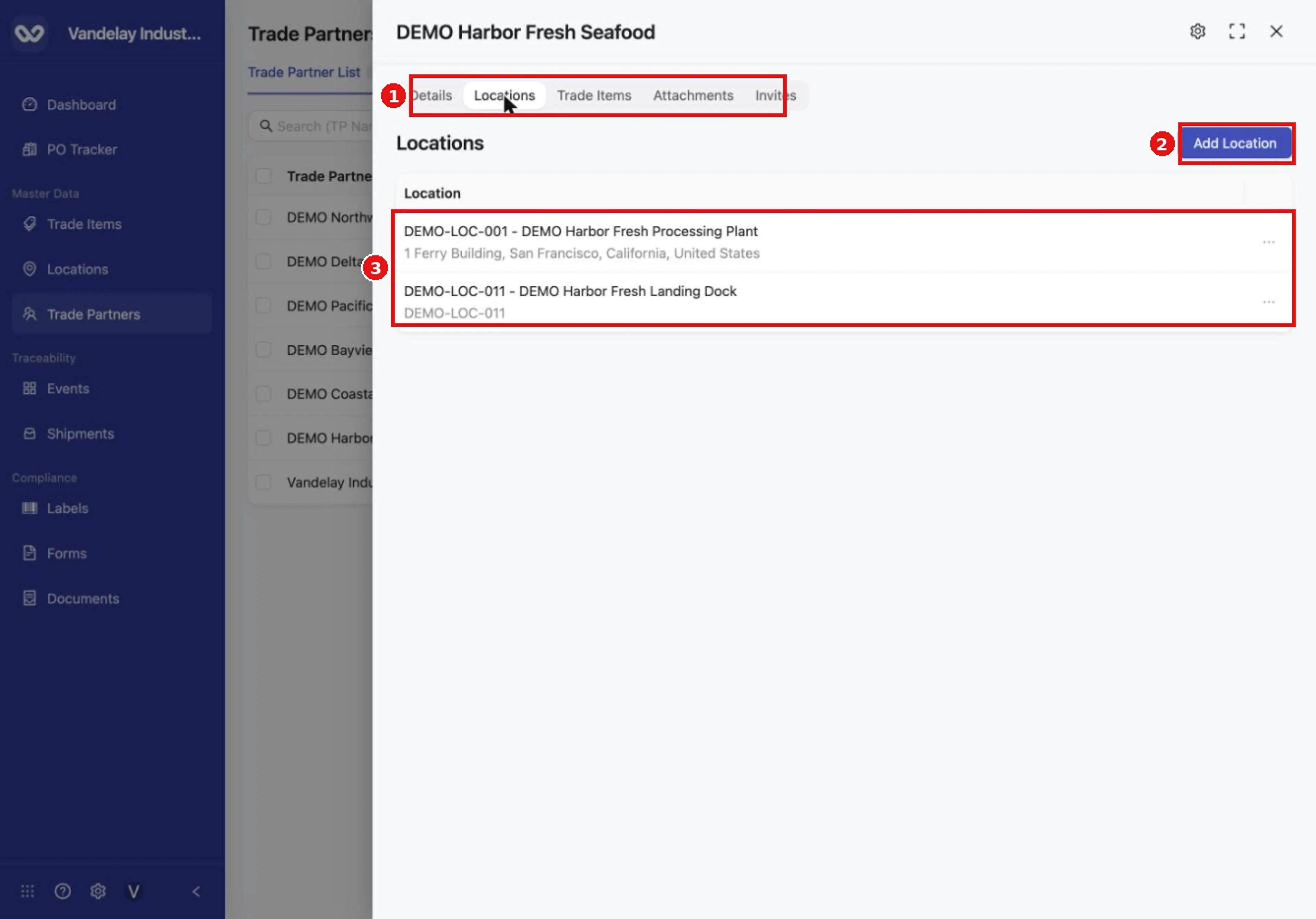 Open a trade partner and select the Locations tab to see its locations and add another.