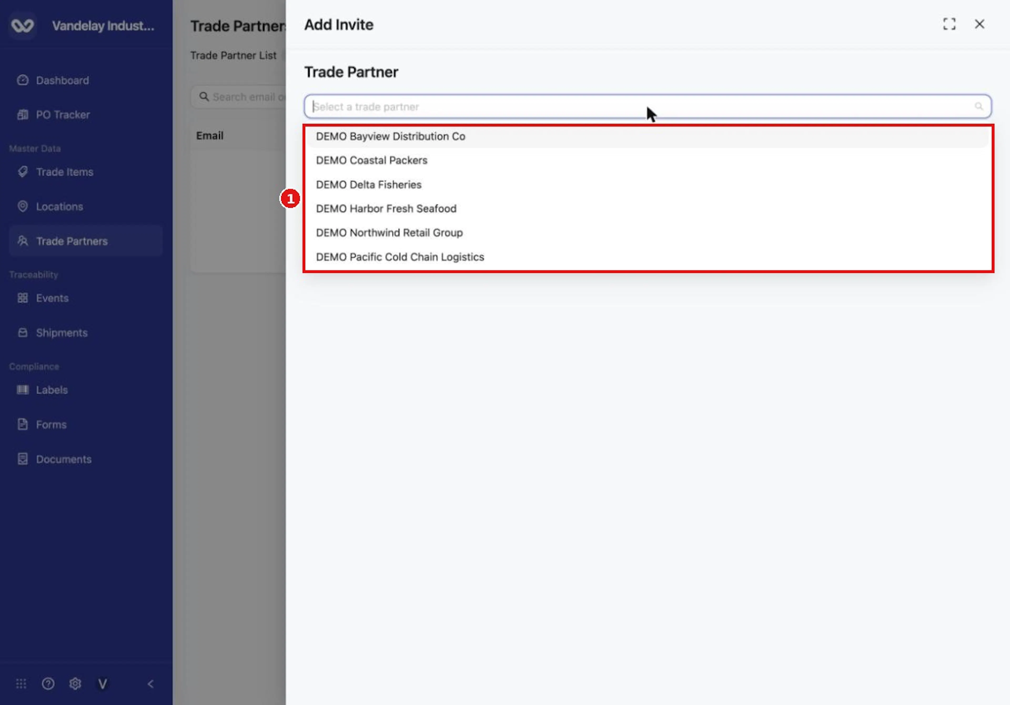 Choose a trade partner from the list. Your own company is not listed.