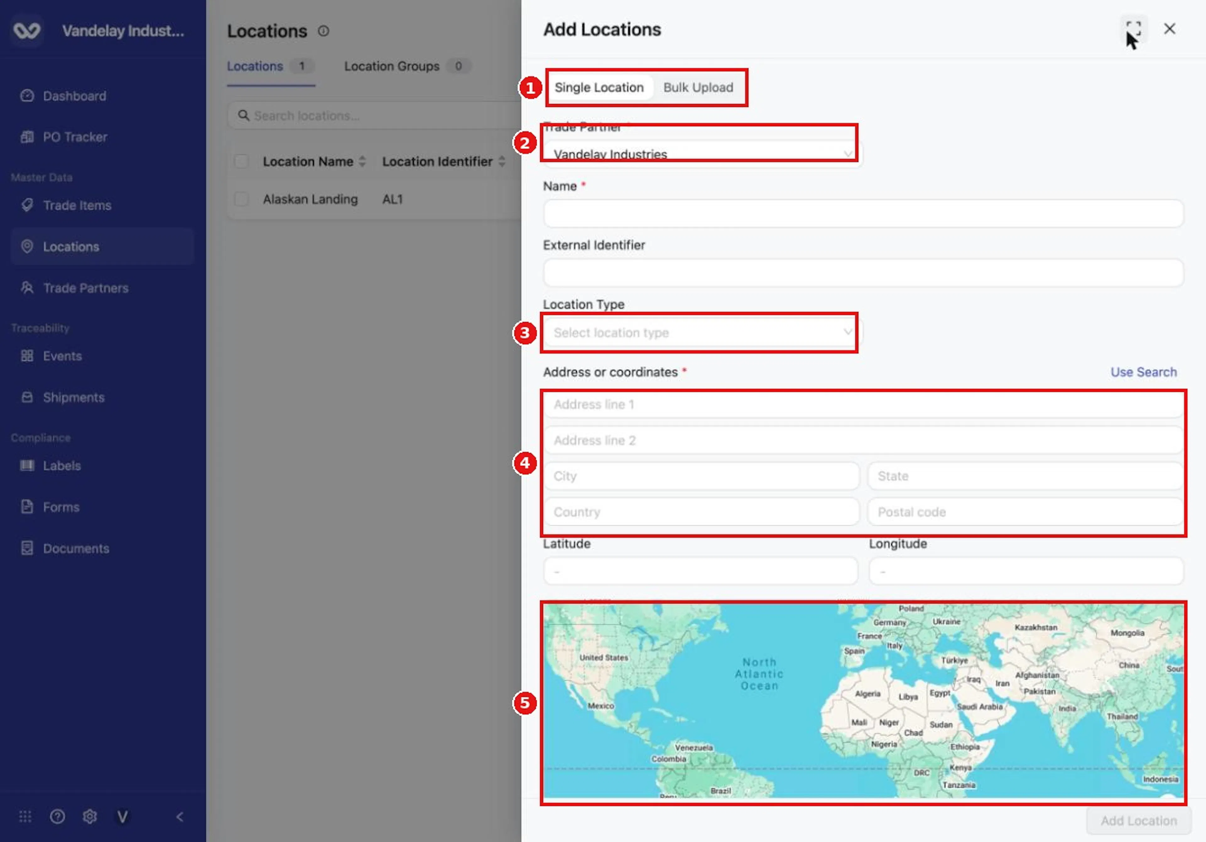 Add Locations opens on the Single Location tab. Choose the trade partner that the location belongs to, then fill in the form.
