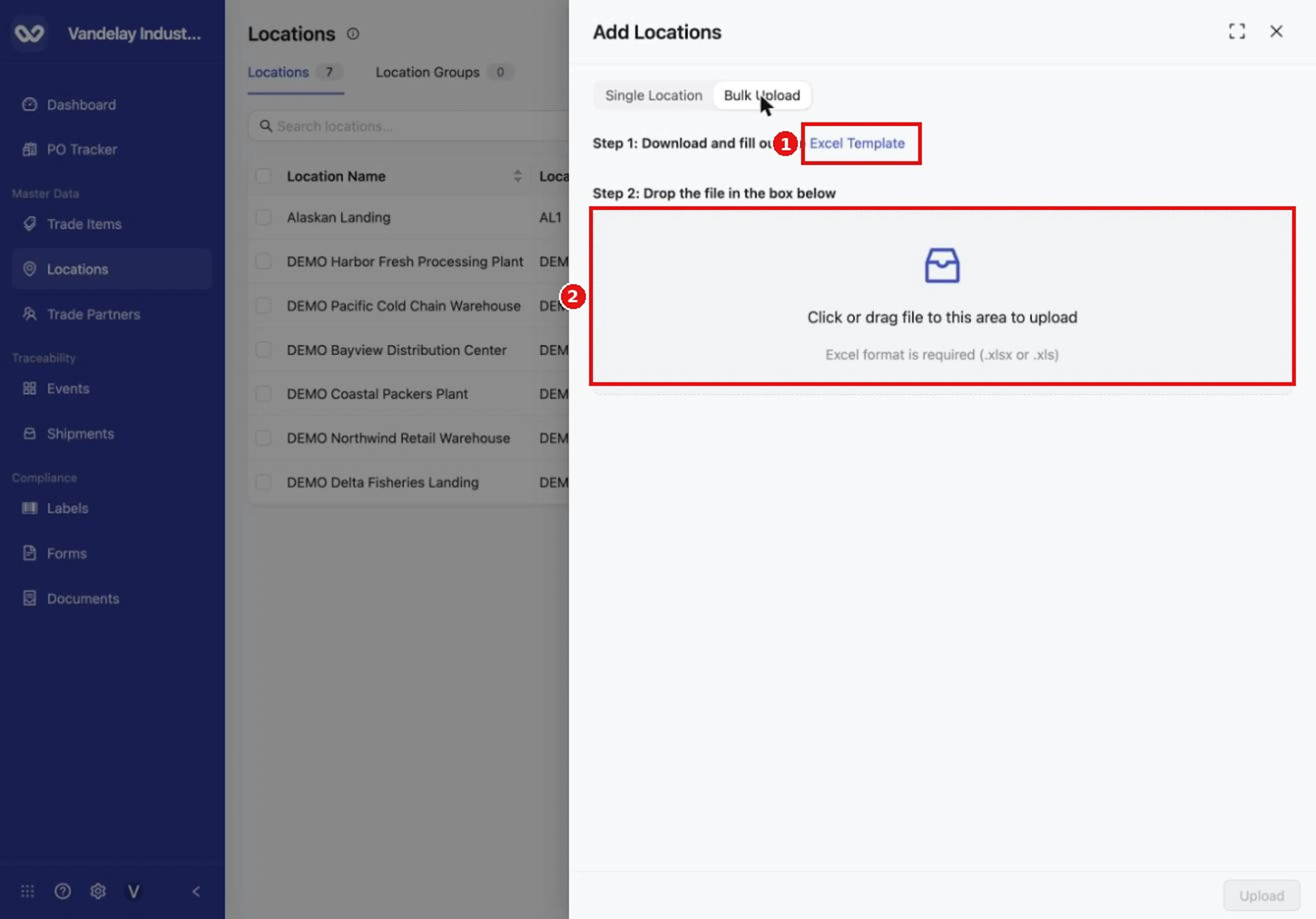 On the Bulk Upload tab, download the Locations template, then drop your completed file in the box.