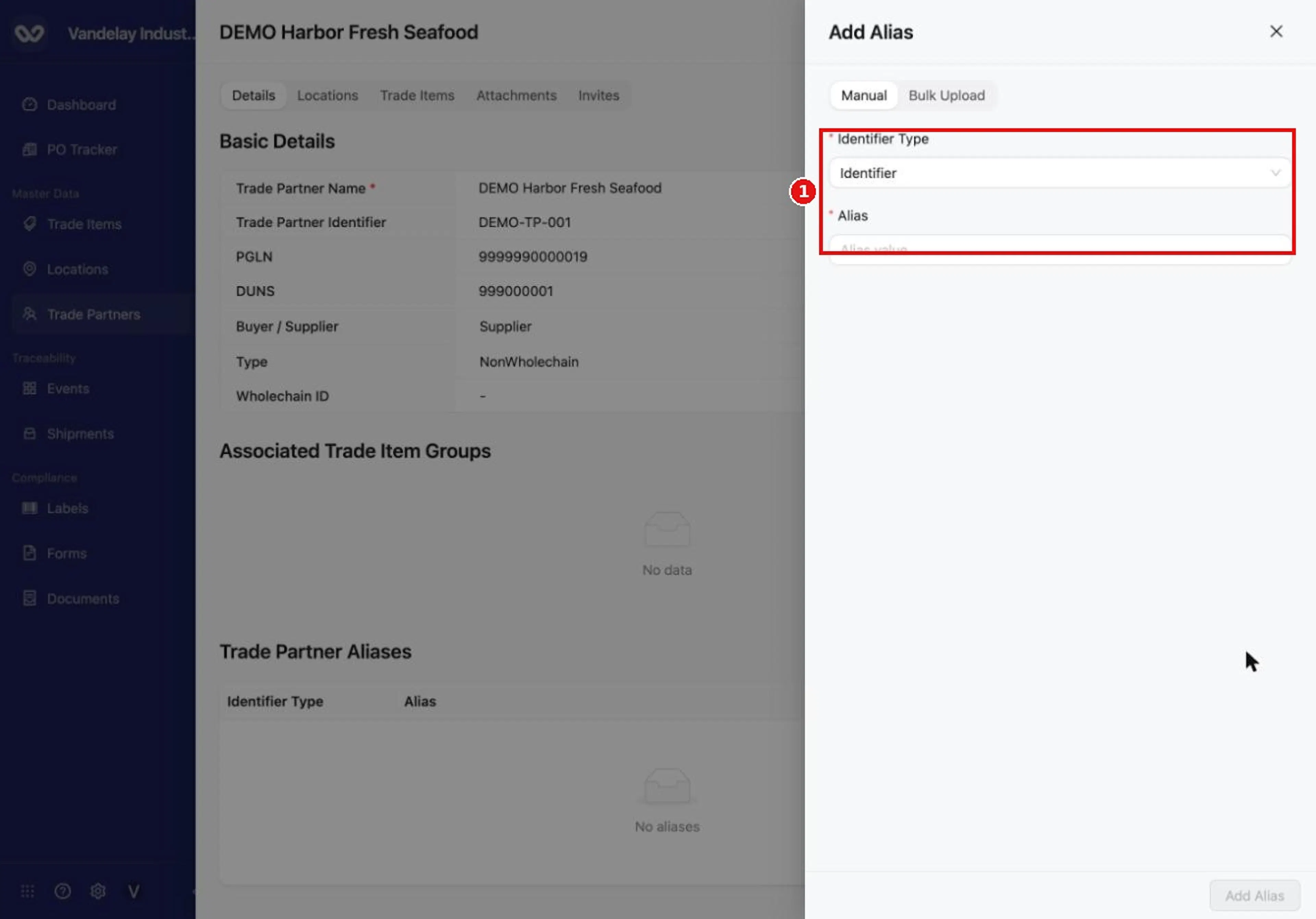 Select Add Alias to open the alias drawer. An alias is another identifier this trade partner is known by.