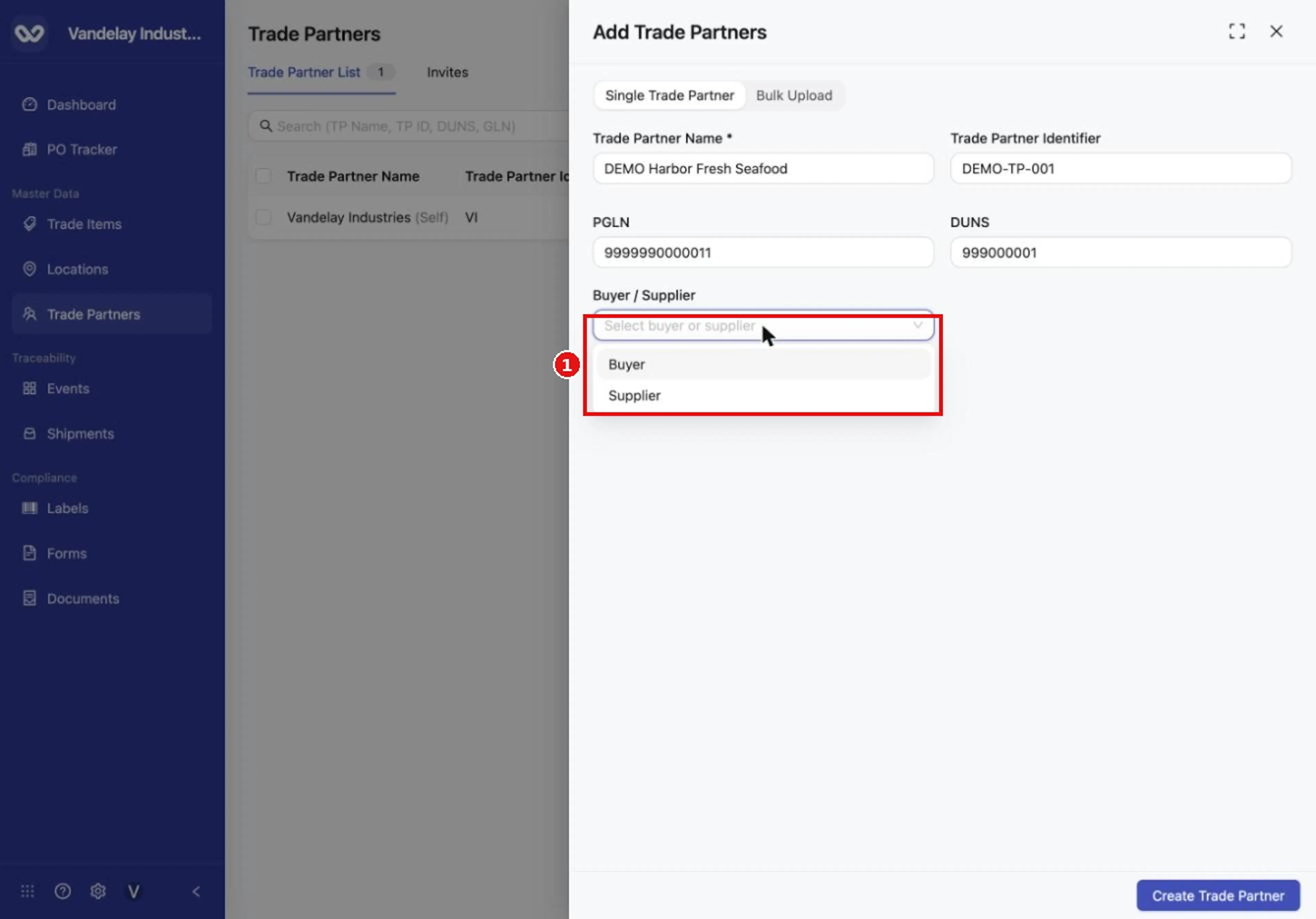 Choose whether the trade partner is a Buyer or a Supplier.