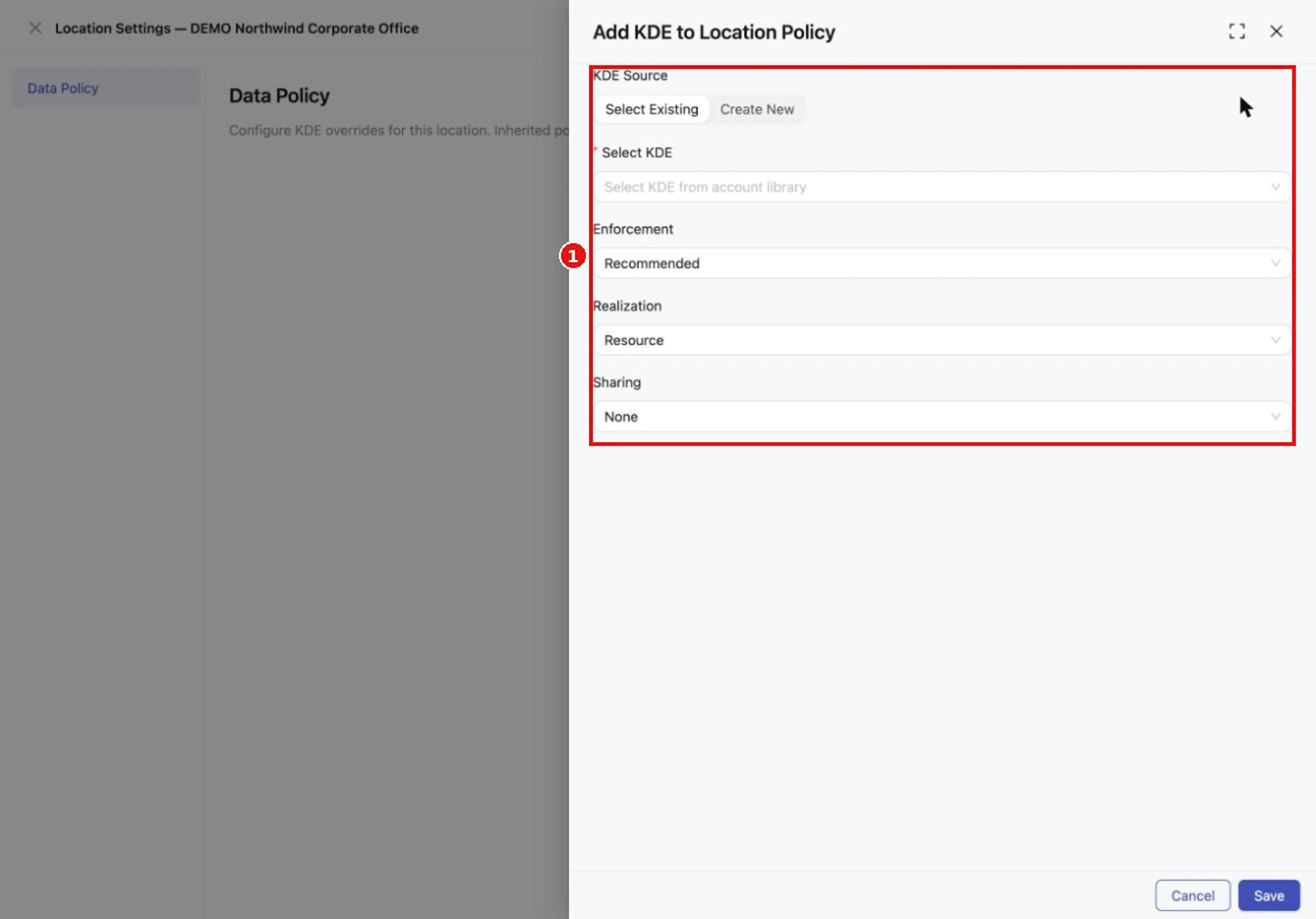 The Add KDE drawer for a location. Select Cancel to leave without saving.