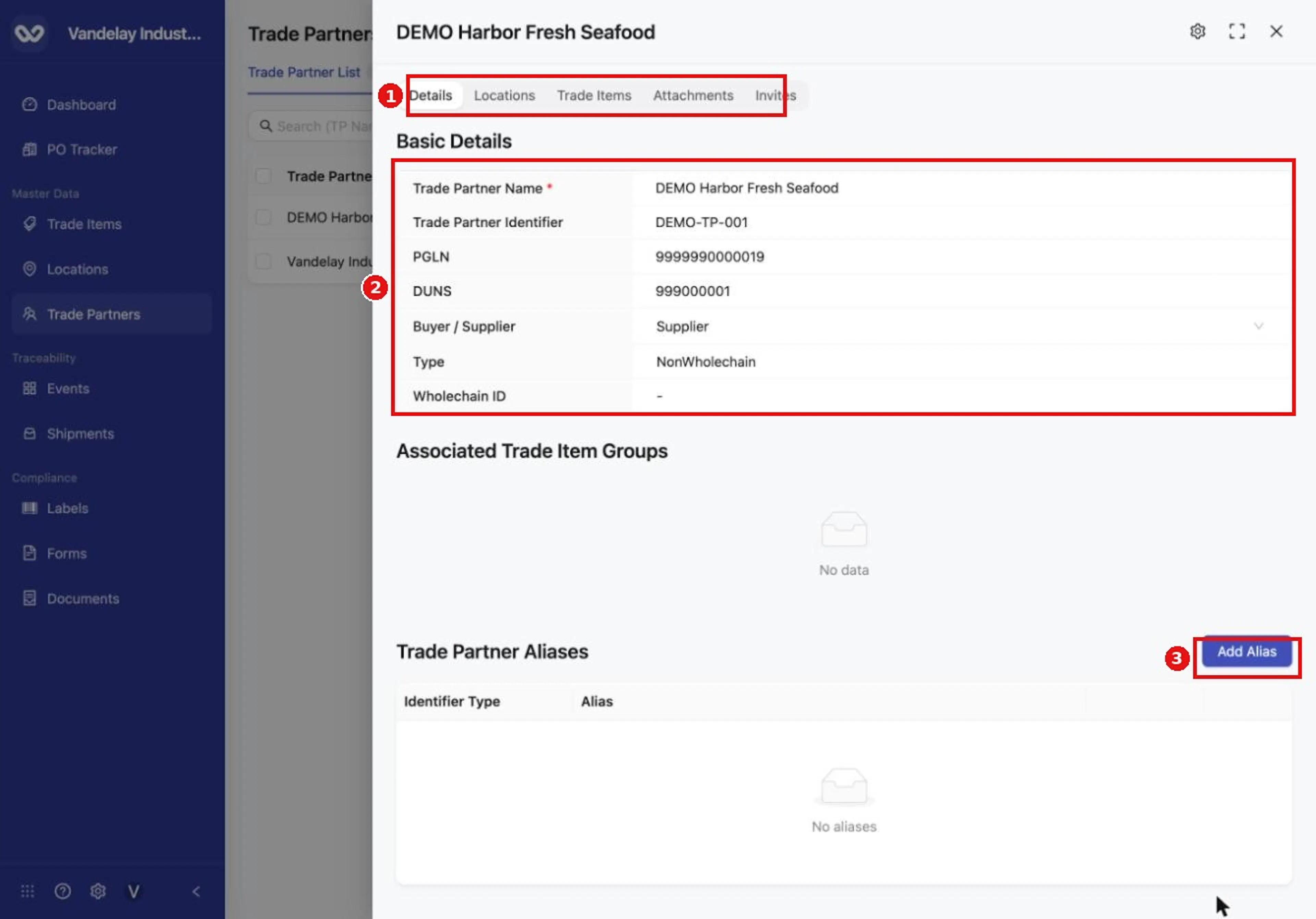 After you create a trade partner, its Details drawer opens with the Basic Details and the Trade Partner Aliases section.