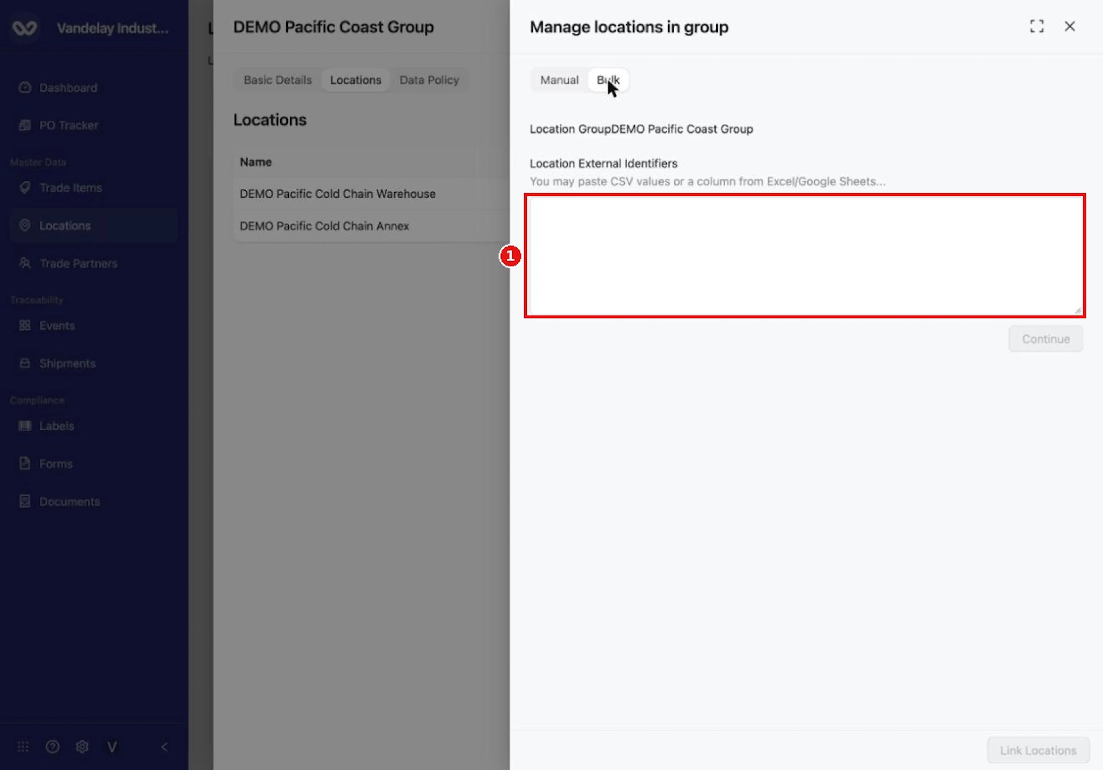 The Bulk tab accepts a list of external identifiers pasted or copied from a spreadsheet column.