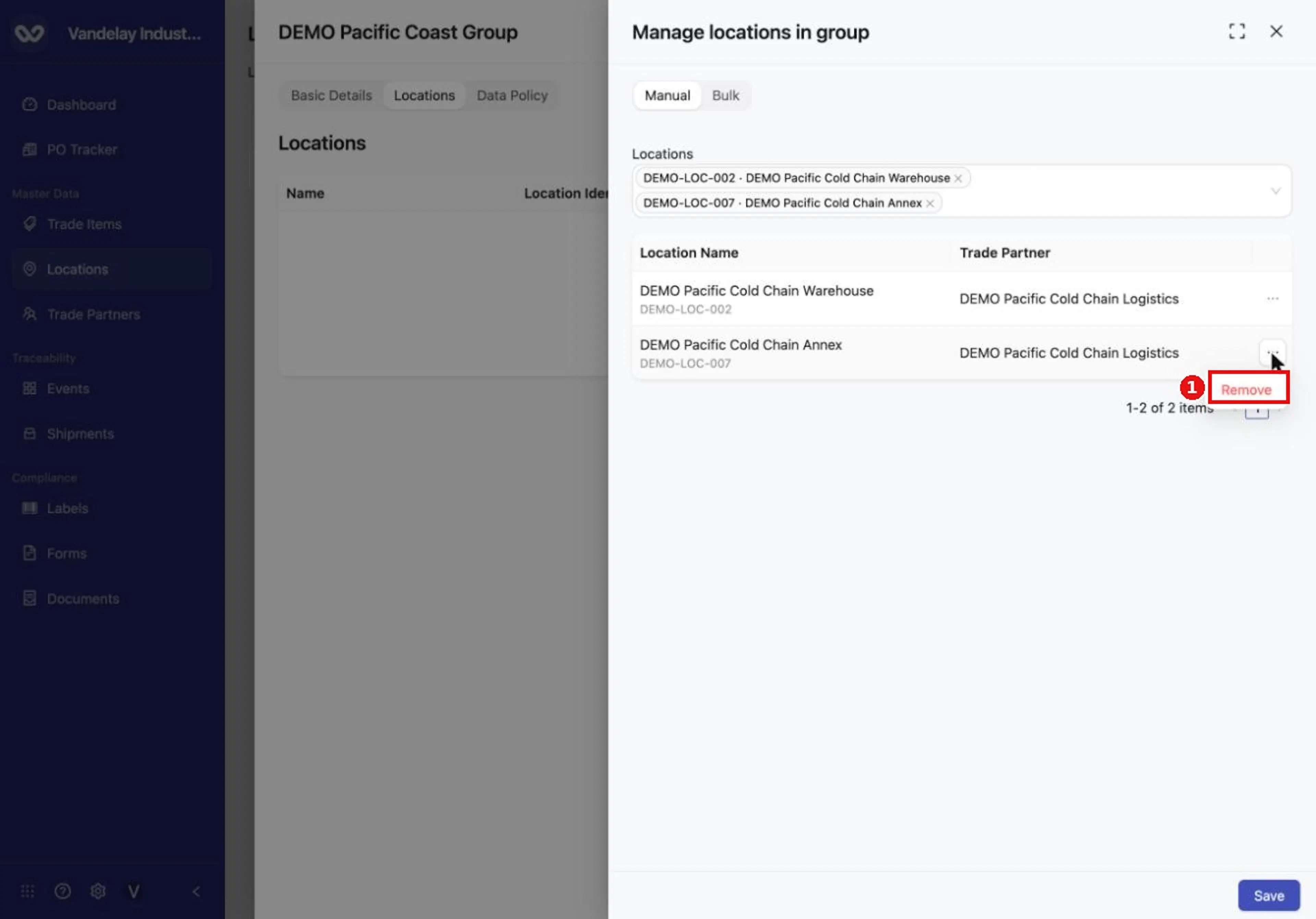 Use the row menu to remove a location before you save.