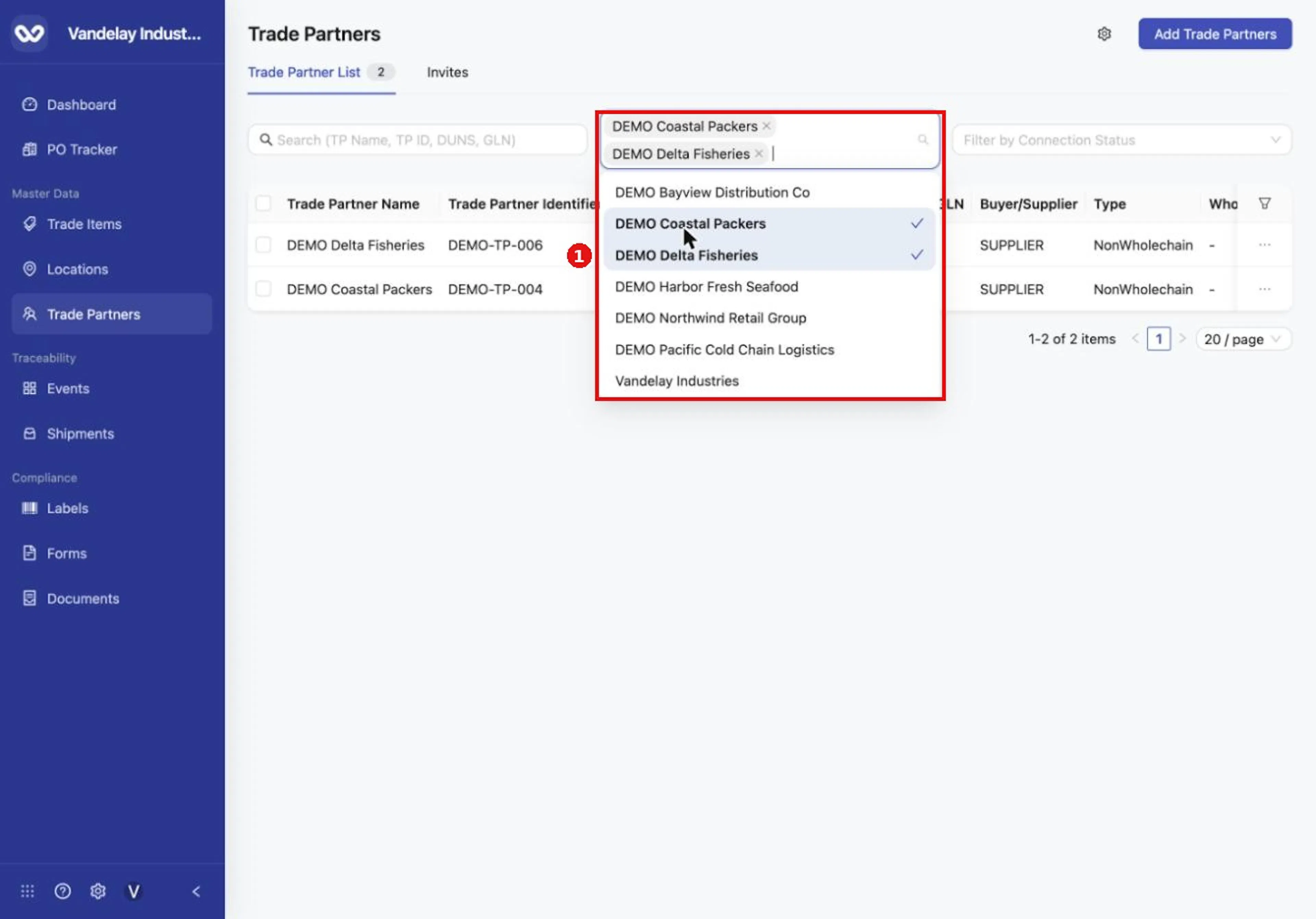 You can select more than one name. The list shows trade partners that match any selected name.
