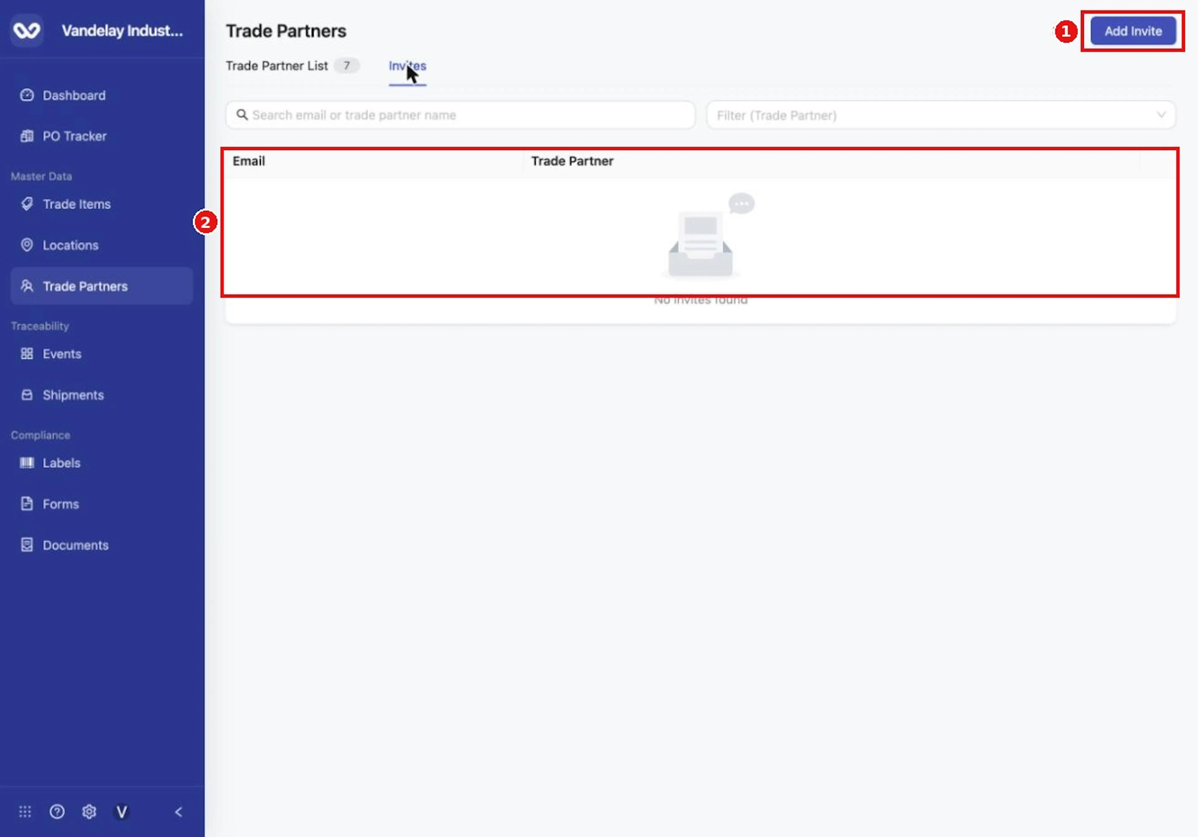 The Invites tab on the Trade Partners page lists invitations you have sent.