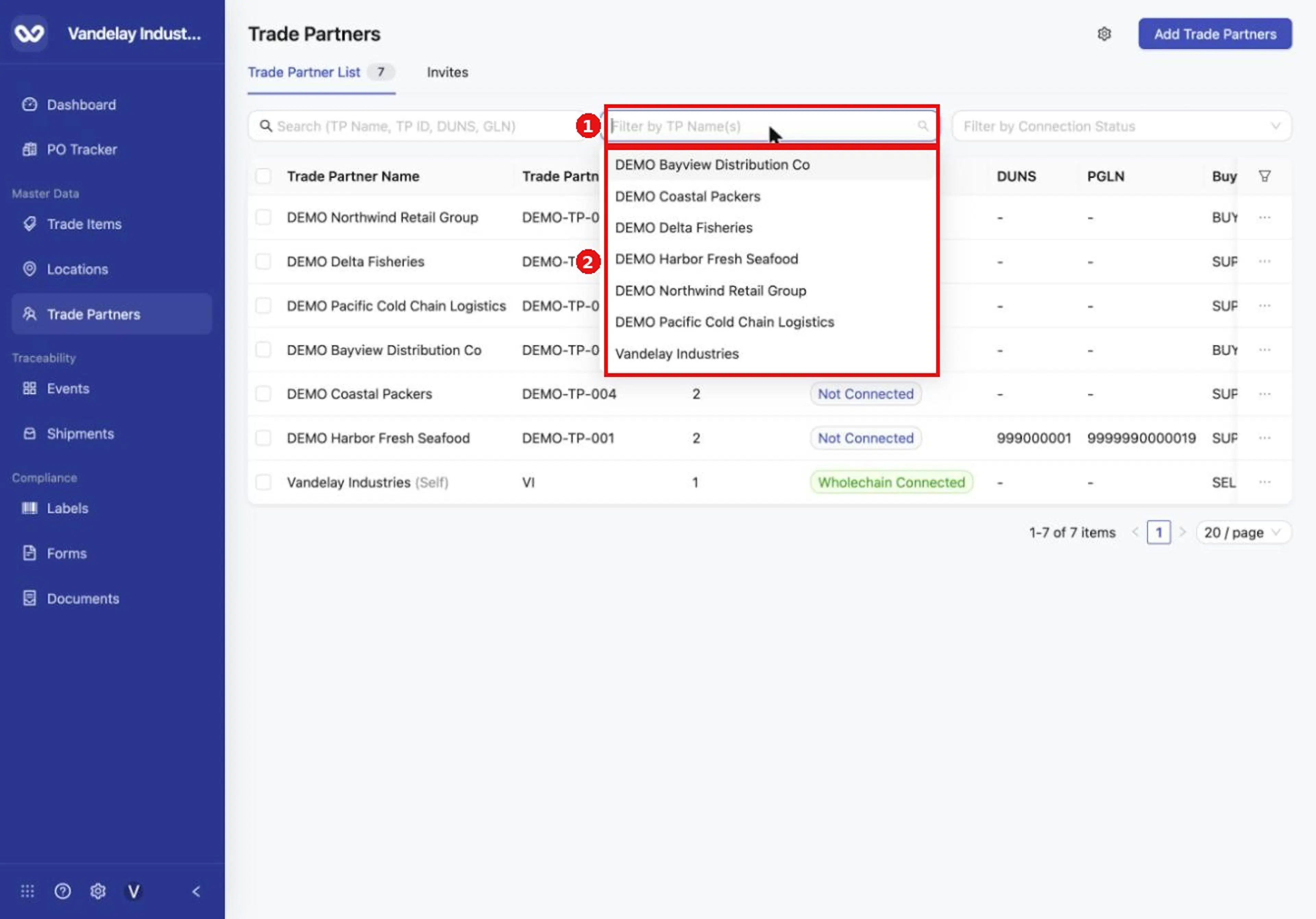 Open Filter by TP Name(s) to pick trade partners from a list.