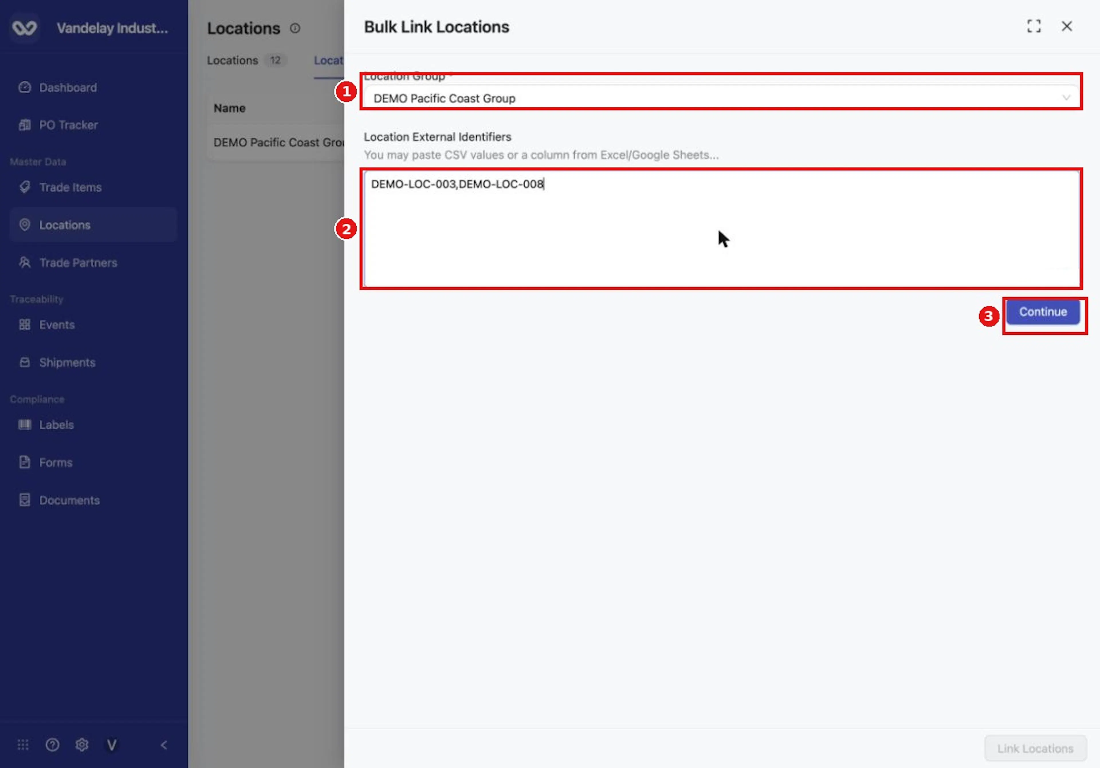 Choose the group, paste or type the identifiers, then select Continue.