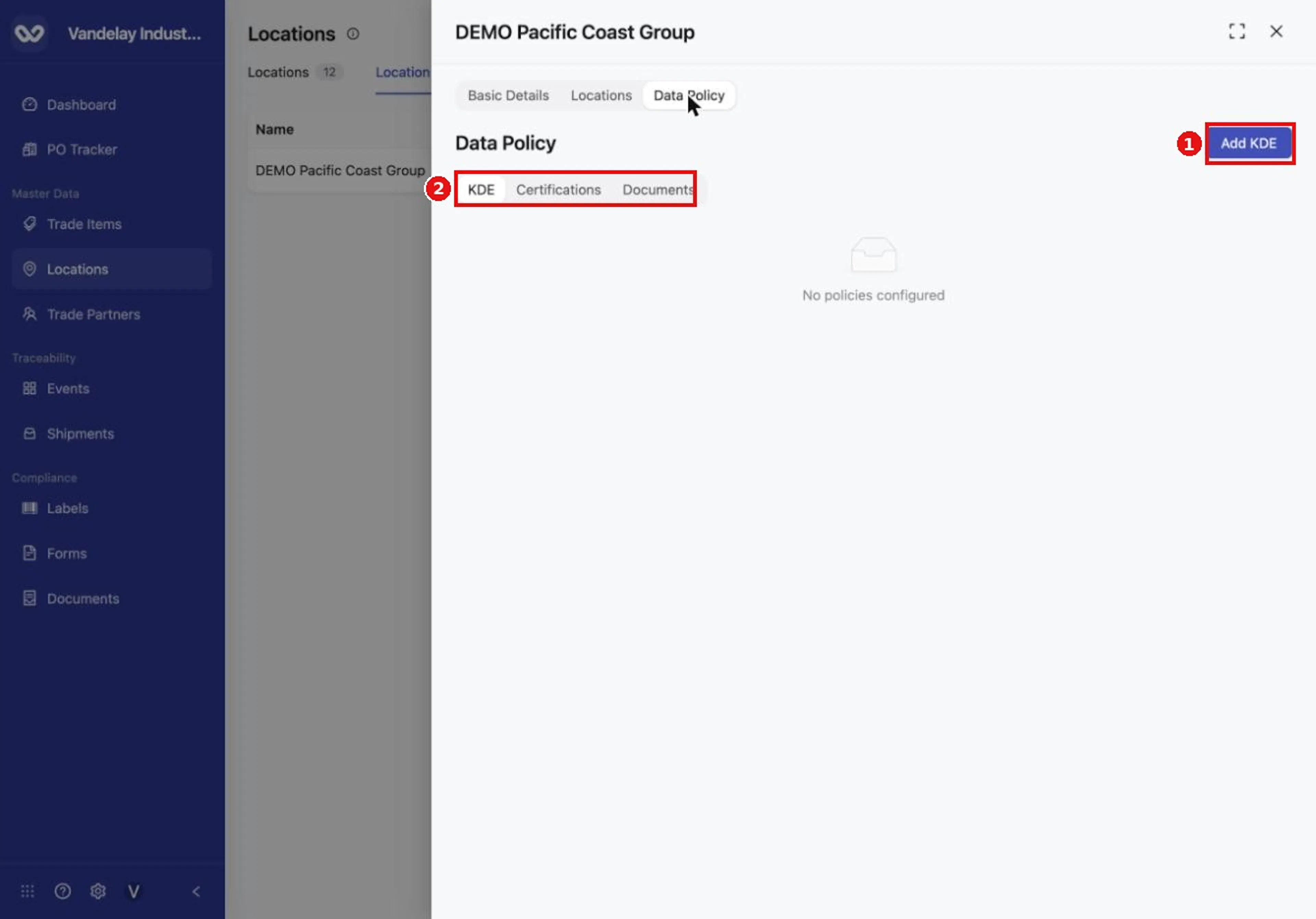 The Data Policy tab holds fields for this group. Add KDE adds one.