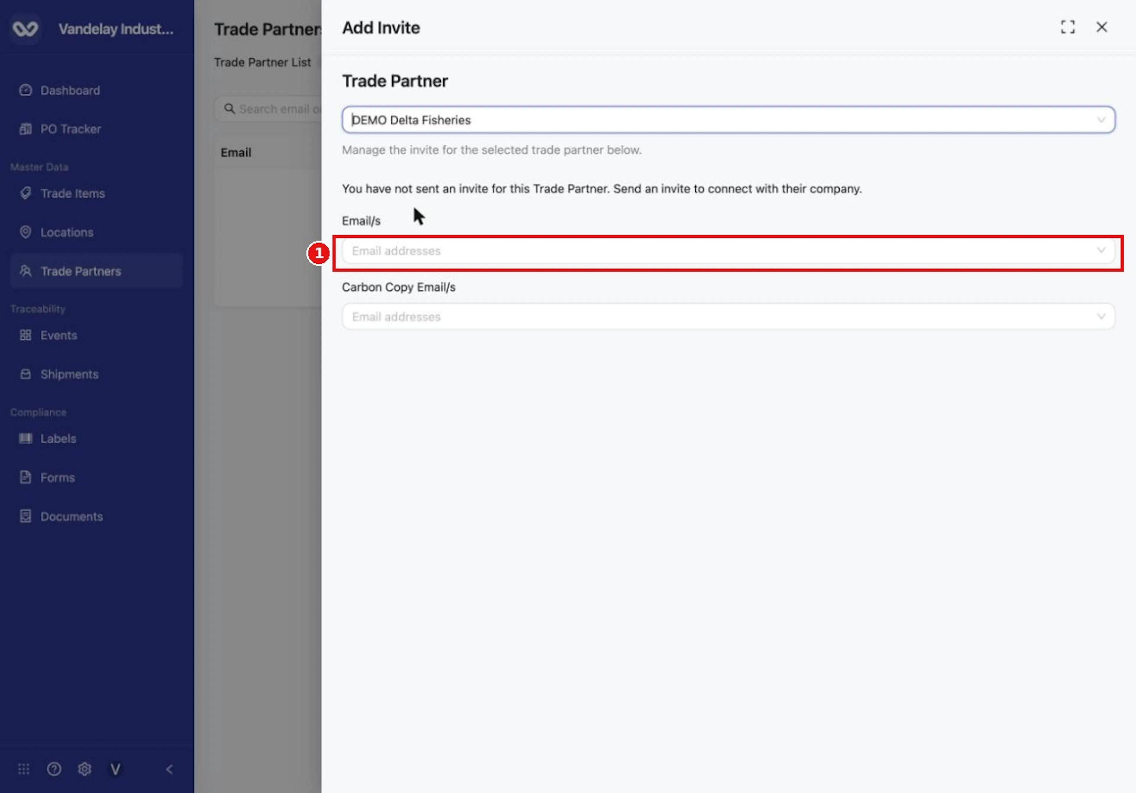 The form shows the email boxes, the locations to share, and an invite message.