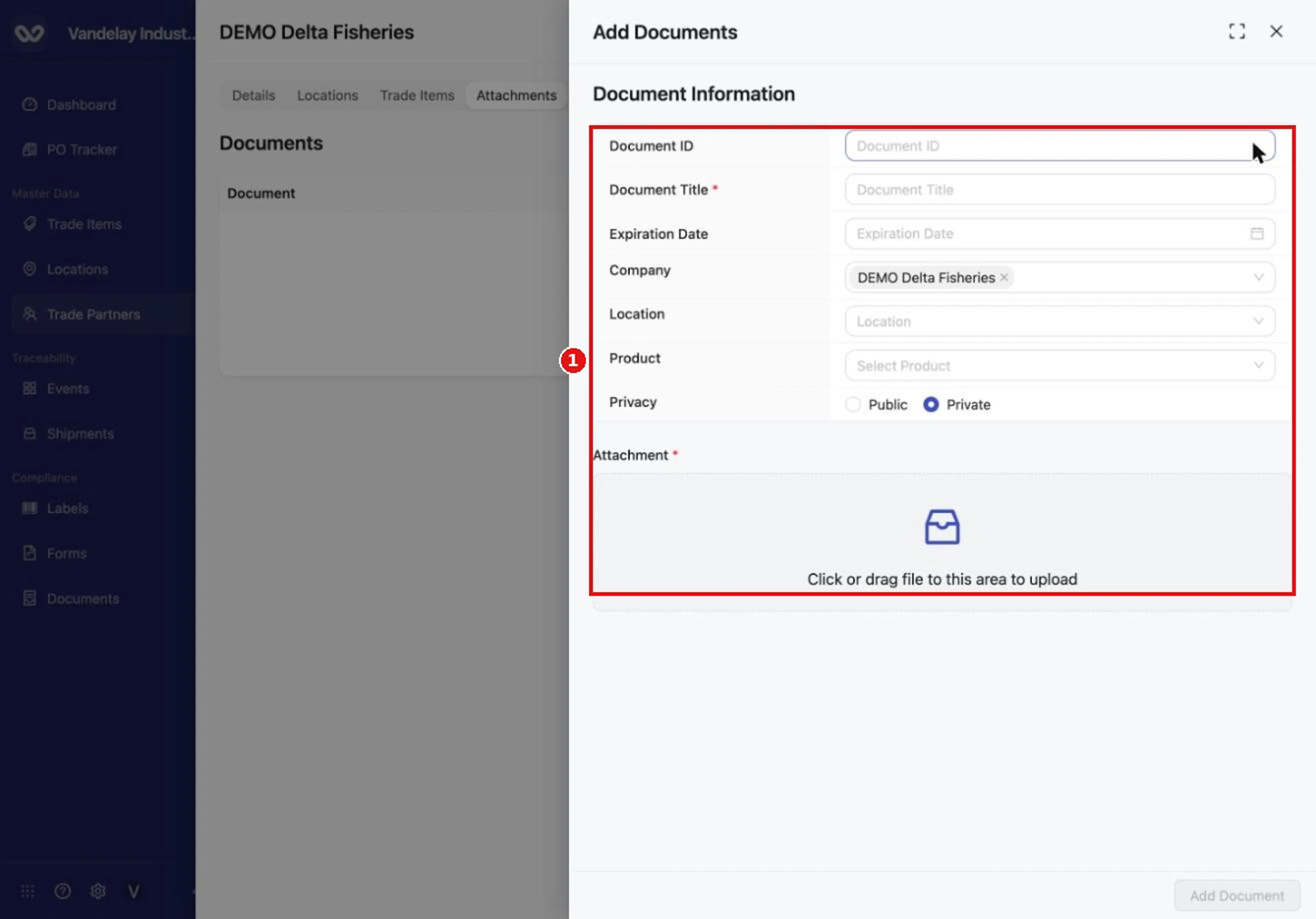 On the Attachments tab, Upload opens the Add Documents form.